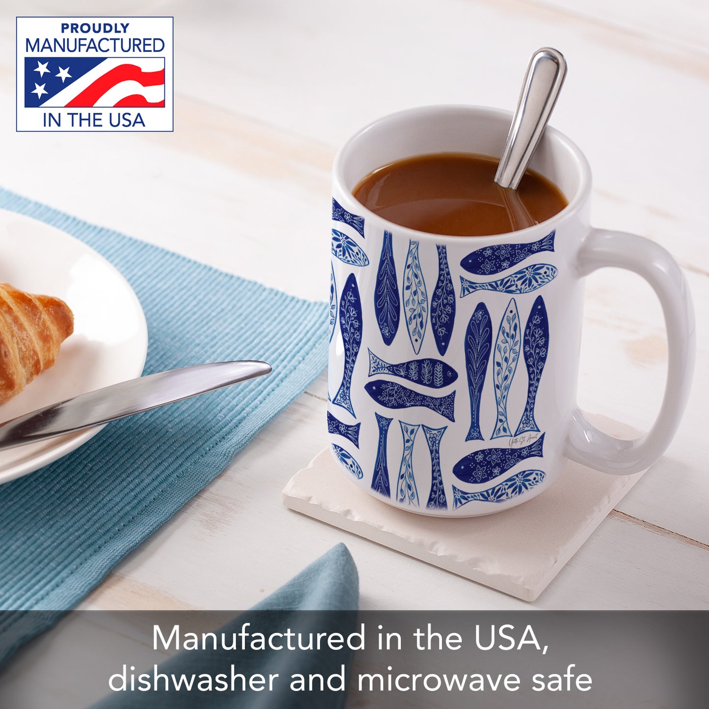 Highland Home Blue Fish 15 oz. Ceramic Mug Manufactured in the USA Dishwasher Safe Microwave Safe