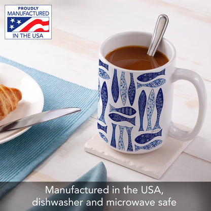Highland Home Blue Fish 15 oz. Ceramic Mug Manufactured in the USA Dishwasher Safe Microwave Safe
