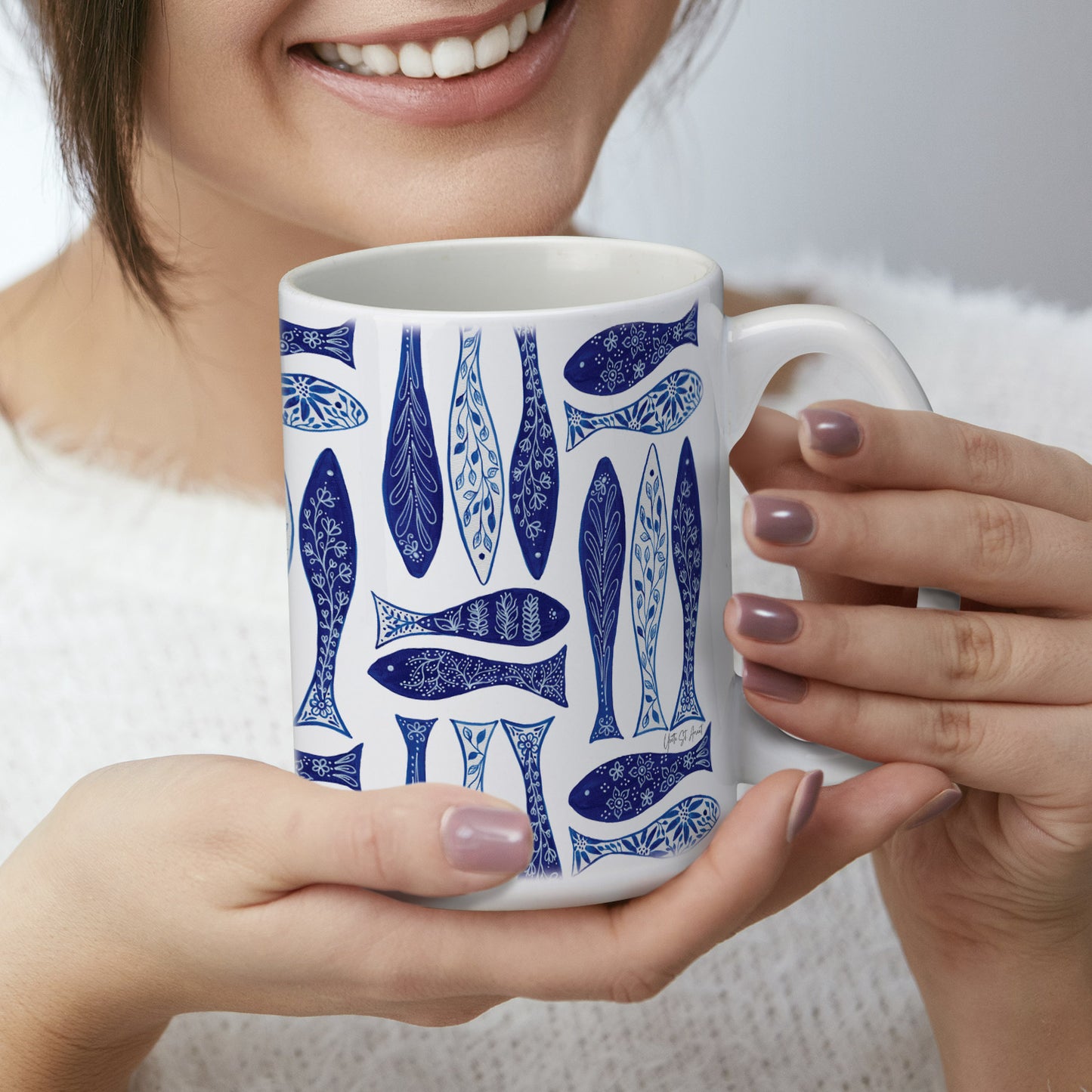 Highland Home Blue Fish 15 oz. Ceramic Mug Manufactured in the USA Dishwasher Safe Microwave Safe