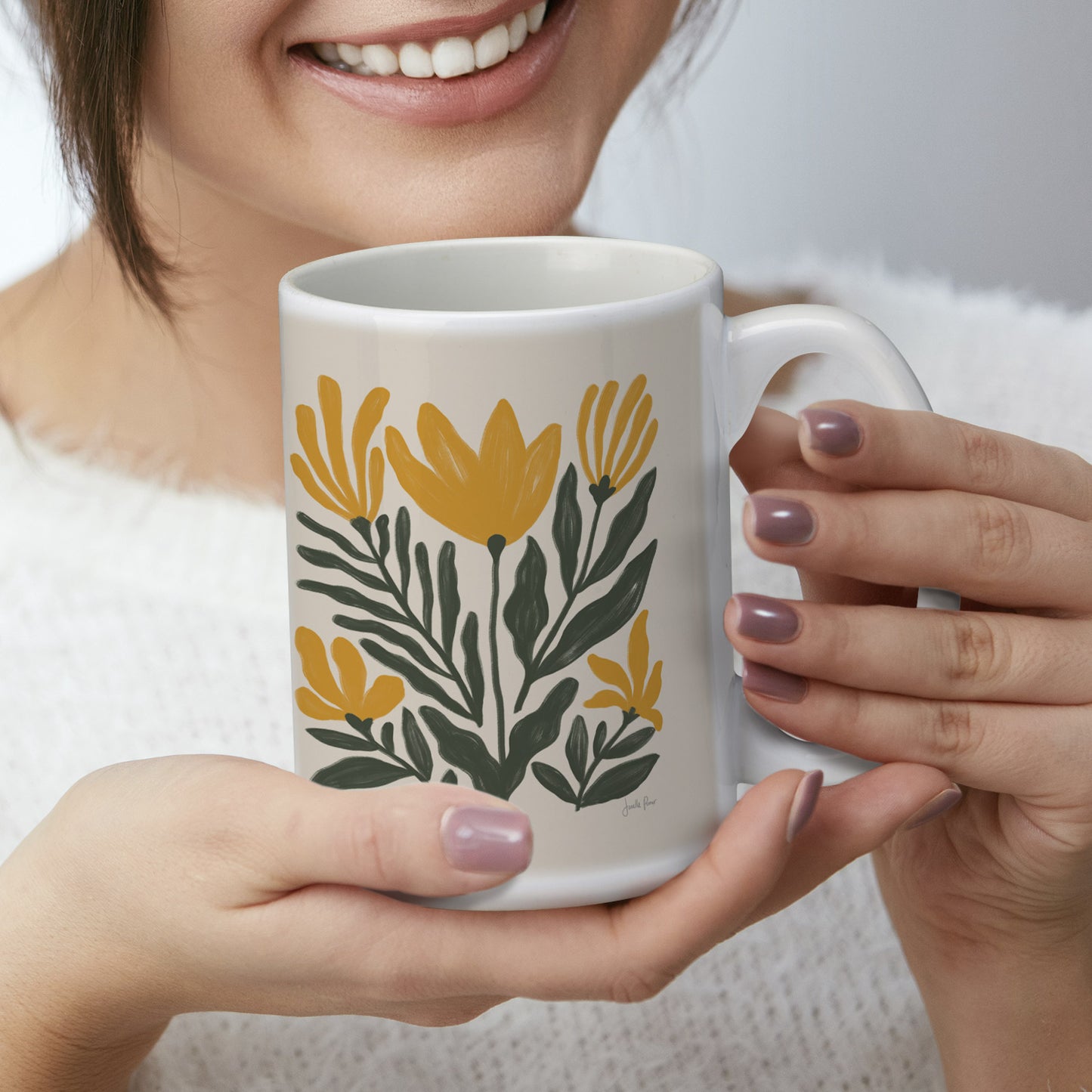 Highland Home Yellow Petals 15 oz. Ceramic Mug Manufactured in the USA Dishwasher Safe Microwave Safe