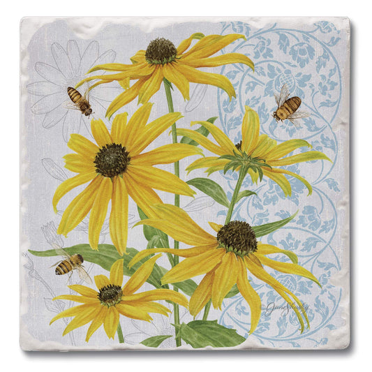 Thirstystone Black Eyed Susans Single Tumbled Tile Stone Coaster with Protective Cork Backing Manufactured in The USA 4" Square, Artistic, Easily Wipes Clean