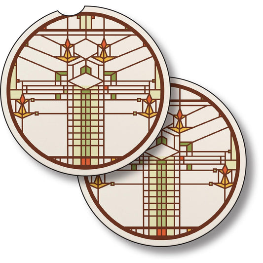 Harley Bradley House Design from Frank Lloyd Wright Foundation on 2-Pack Absorbent Stone Car Coasters 2.6” Diameter Manufactured in The USA