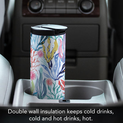 Highland Home Decorative Stainless Steel Double Wall Insulated Travel Tumbler with Lid 17 oz. Manufactured in the USA Dishwasher Safe (Coastal Coral)