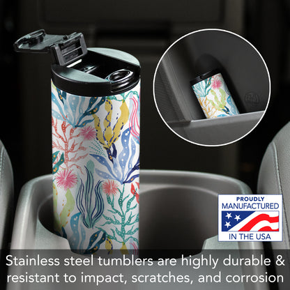 Highland Home Decorative Stainless Steel Double Wall Insulated Travel Tumbler with Lid 17 oz. Manufactured in the USA Dishwasher Safe (Coastal Coral)