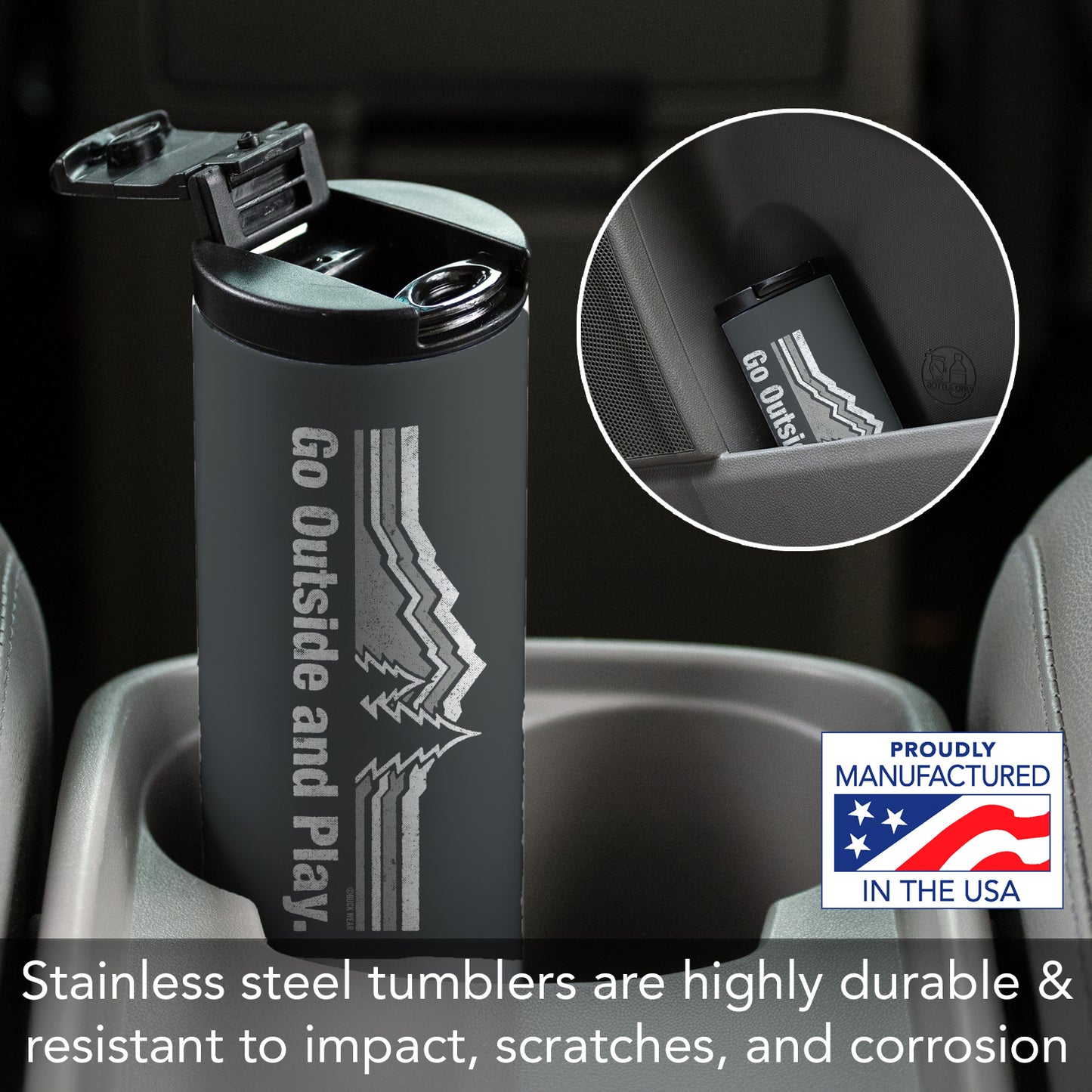 Highland Home Decorative Stainless Steel Double Wall Insulated Travel Tumbler with Lid 17 oz. Manufactured in the USA Dishwasher Safe (Go Outside)