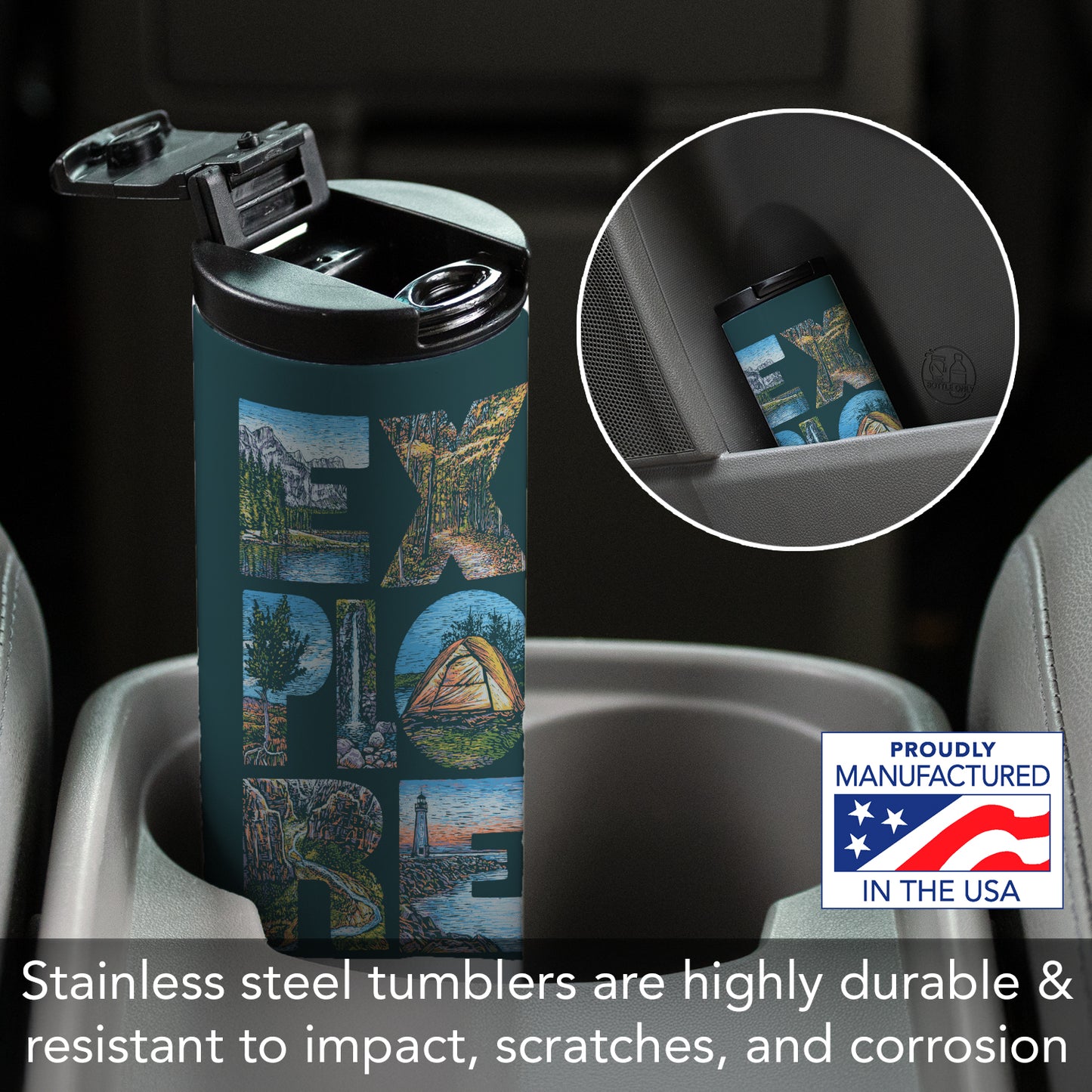 Highland Home Decorative Stainless Steel Double Wall Insulated Travel Tumbler with Lid 17 oz. Manufactured in the USA Dishwasher Safe (Explore)