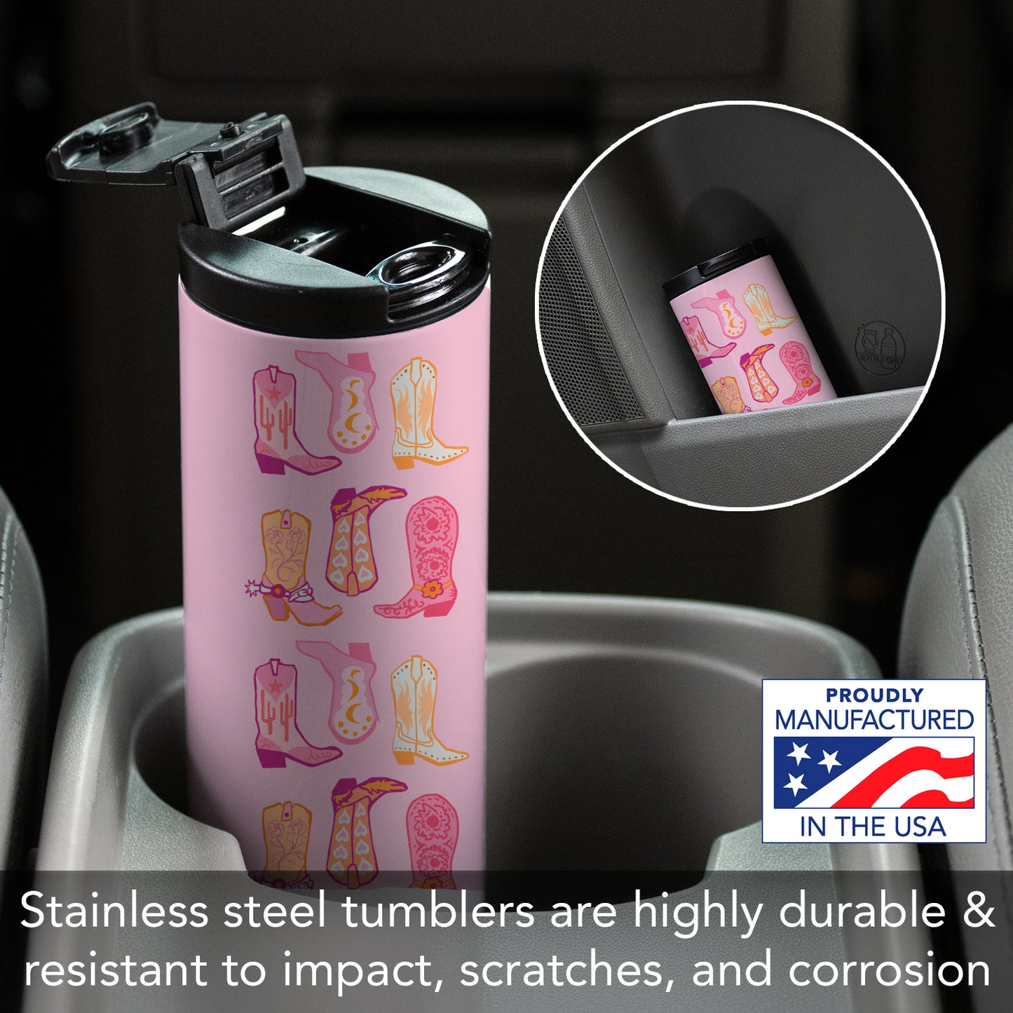 Highland Home Decorative Stainless Steel Double Wall Insulated Travel Tumbler with Lid 17 oz. Manufactured in the USA Dishwasher Safe (Cowgirl Boots)