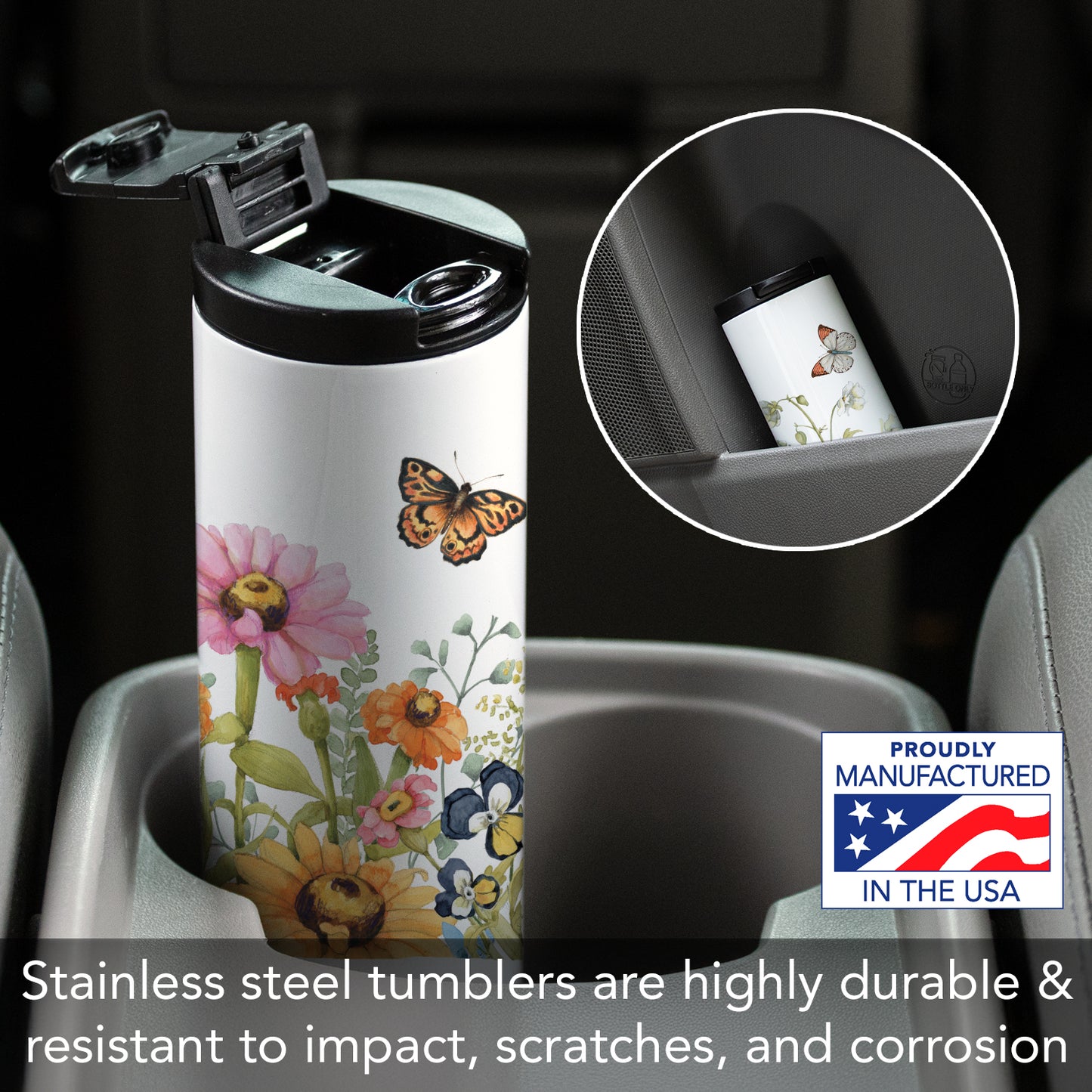 Highland Home Garden Walk Butterflies Decorative Stainless Steel Double Wall Insulated Travel Tumbler with Lid 17 oz. Manufactured in the USA Dishwasher Safe