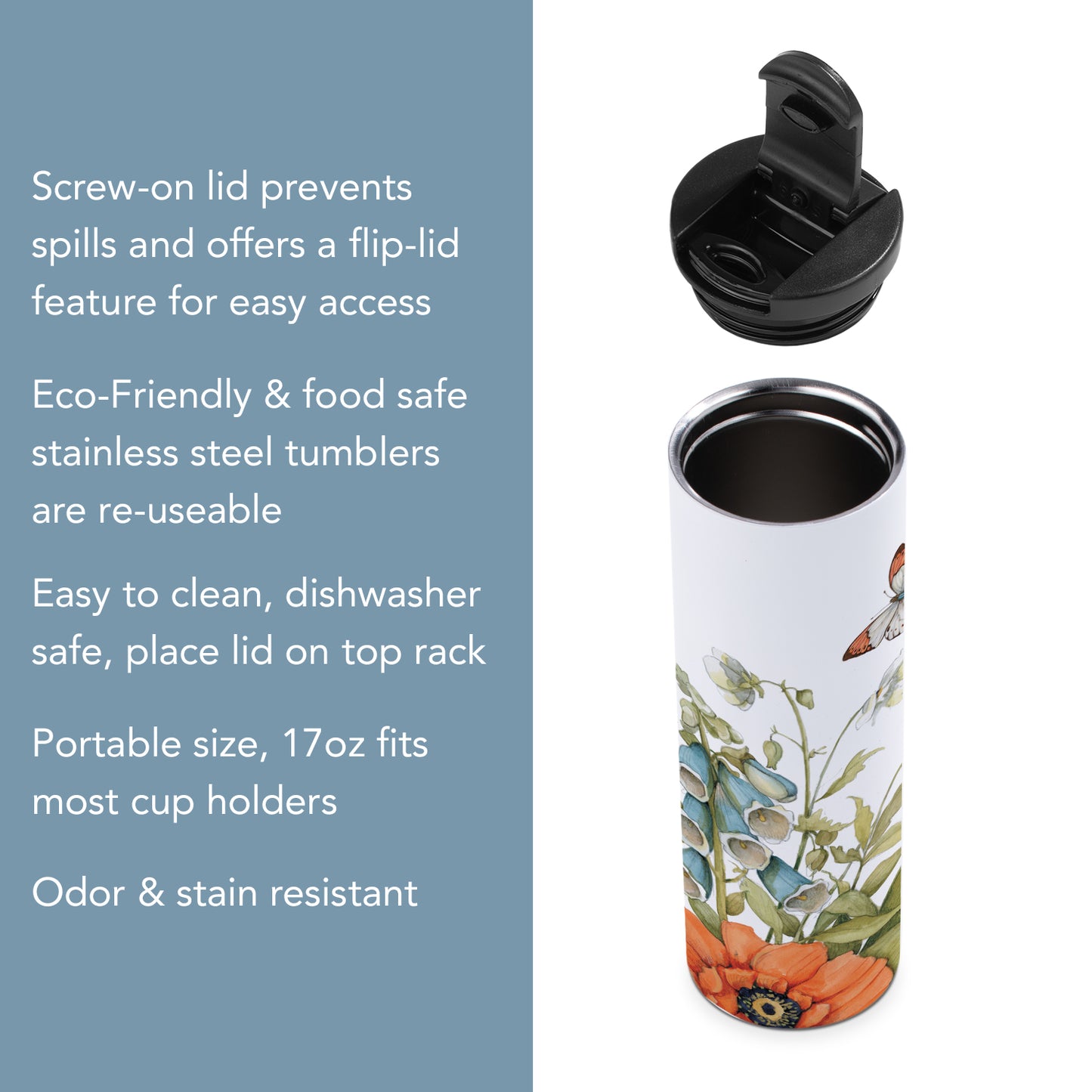 Highland Home Garden Walk Butterflies Decorative Stainless Steel Double Wall Insulated Travel Tumbler with Lid 17 oz. Manufactured in the USA Dishwasher Safe