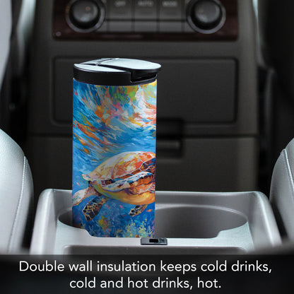 Highland Home Bright Sea Turtle Decorative Stainless Steel Double Wall Insulated Travel Tumbler with Lid 17 oz. Manufactured in the USA Dishwasher Safe