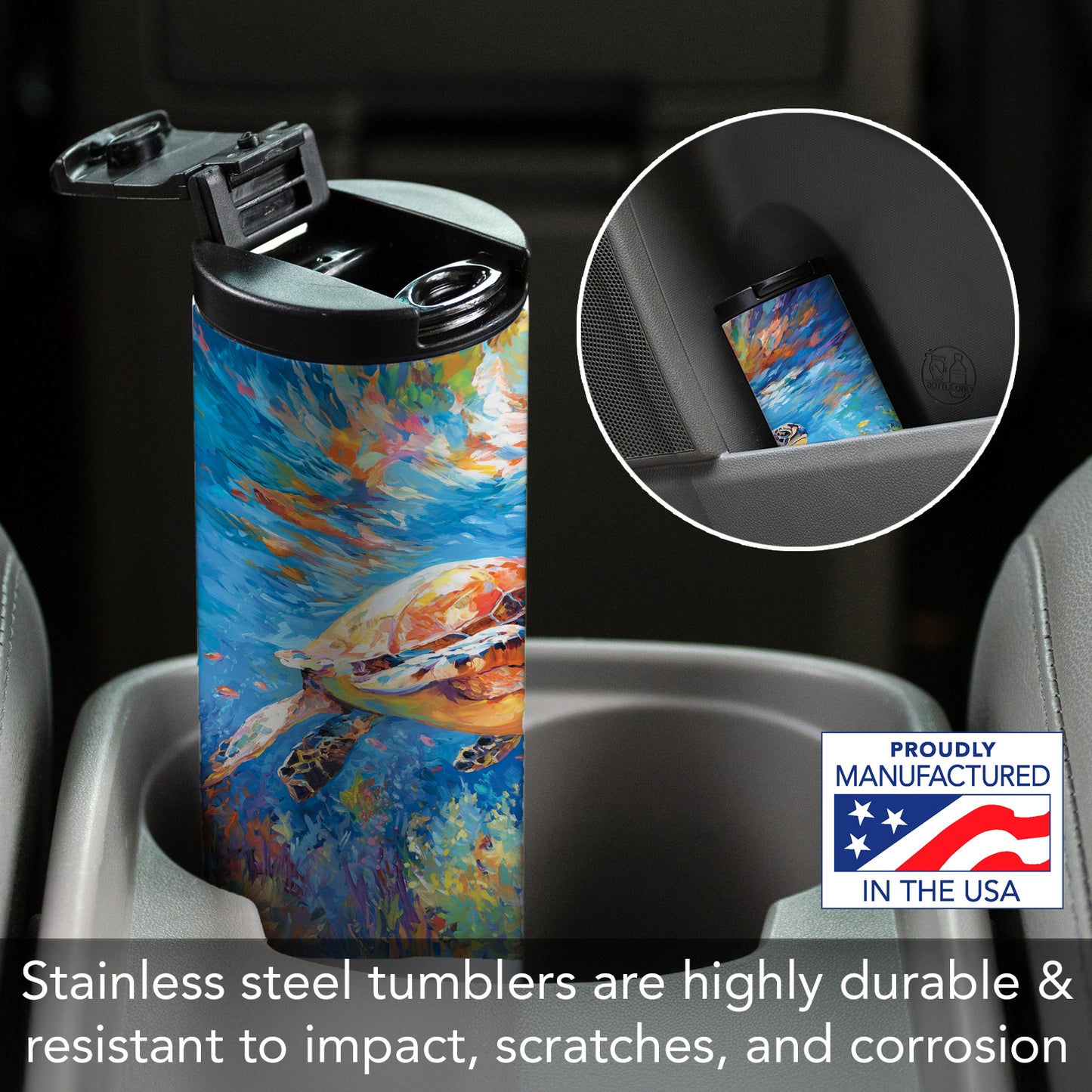 Highland Home Bright Sea Turtle Decorative Stainless Steel Double Wall Insulated Travel Tumbler with Lid 17 oz. Manufactured in the USA Dishwasher Safe