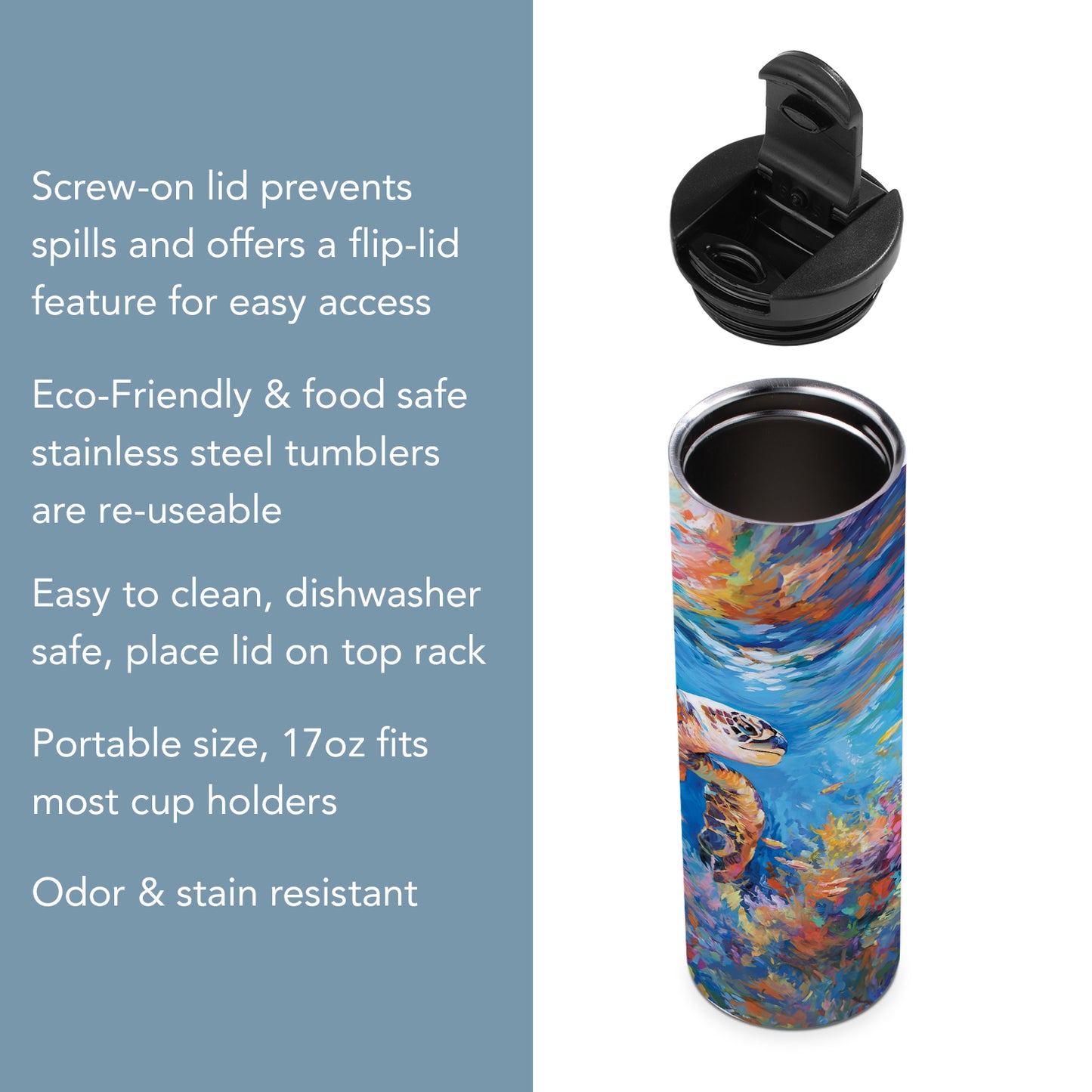 Highland Home Bright Sea Turtle Decorative Stainless Steel Double Wall Insulated Travel Tumbler with Lid 17 oz. Manufactured in the USA Dishwasher Safe