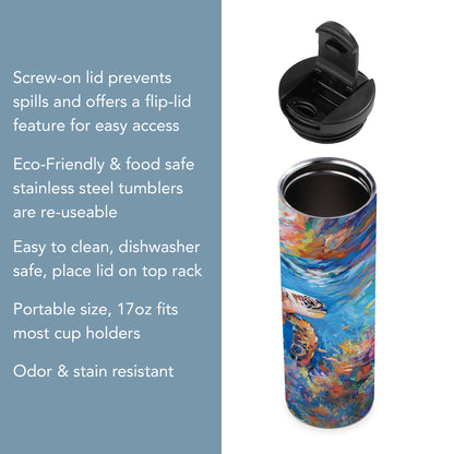 Highland Home Bright Sea Turtle Decorative Stainless Steel Double Wall Insulated Travel Tumbler with Lid 17 oz. Manufactured in the USA Dishwasher Safe