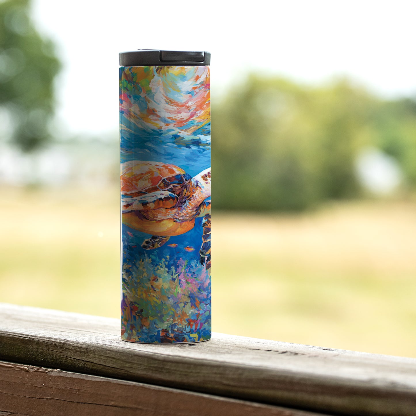 Highland Home Bright Sea Turtle Decorative Stainless Steel Double Wall Insulated Travel Tumbler with Lid 17 oz. Manufactured in the USA Dishwasher Safe