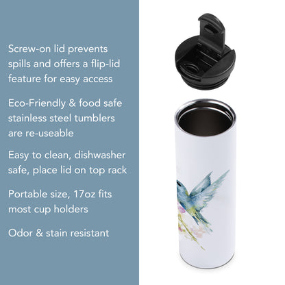 Highland Home Hummingbird Watercolor Decorative Stainless Steel Double Wall Insulated Travel Tumbler with Lid 17 oz. Manufactured in the USA Dishwasher Safe