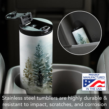 Highland Home Washy Treeline Decorative Stainless Steel Double Wall Insulated Travel Tumbler with Lid 17 oz. Manufactured in the USA Dishwasher Safe