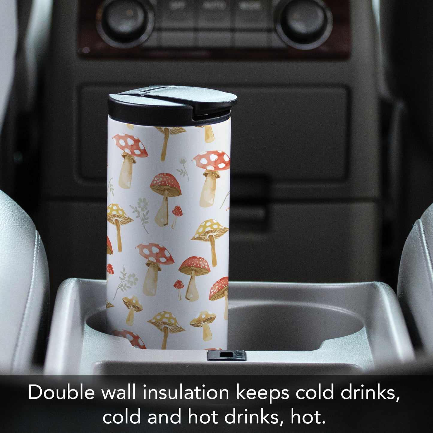 Highland Home Mushroom Mode Decorative Stainless Steel Double Wall Insulated Travel Tumbler with Lid 17 oz. Manufactured in the USA Dishwasher Safe