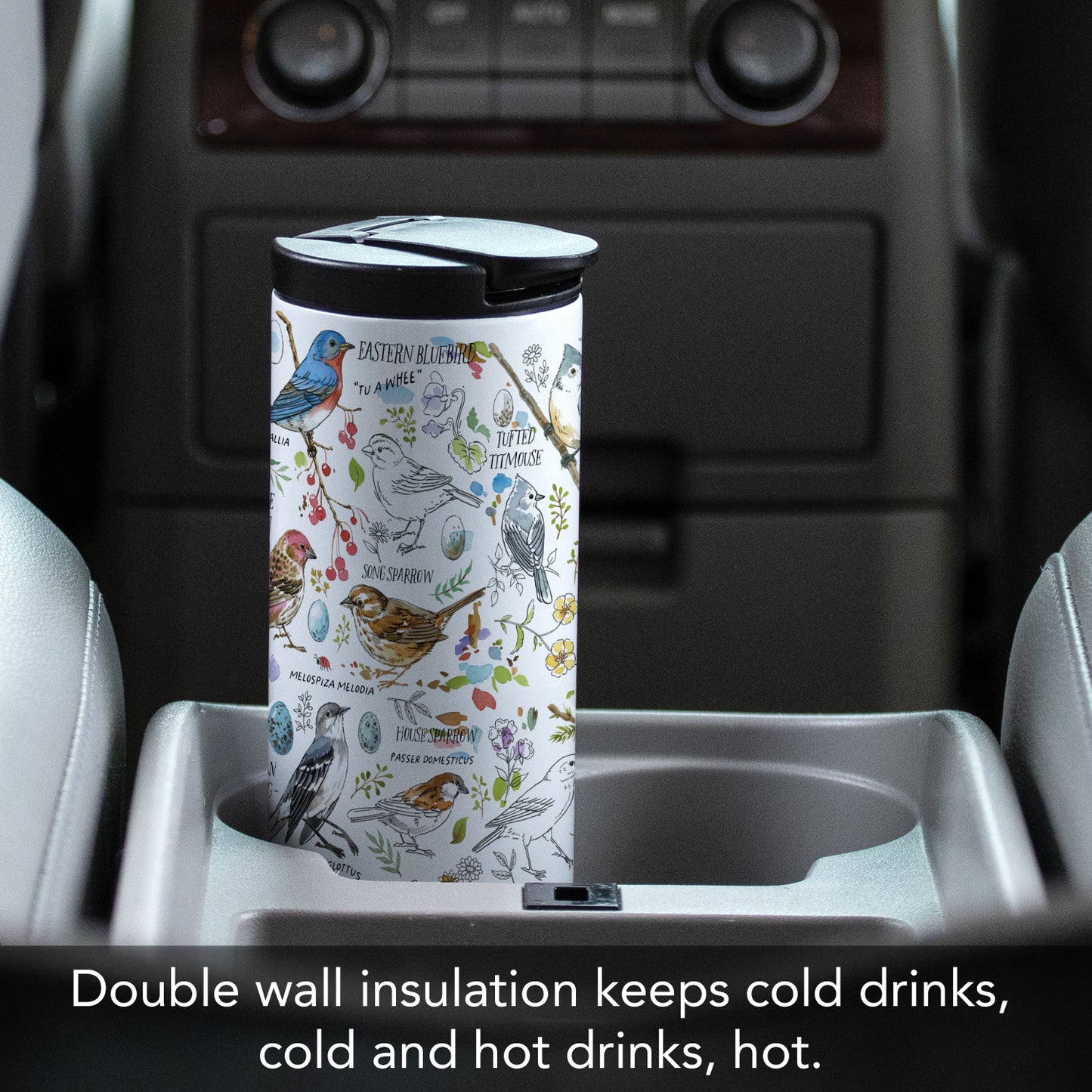 Highland Home Drawn Birds Decorative Stainless Steel Double Wall Insulated Travel Tumbler with Lid 17 oz. Manufactured in the USA Dishwasher Safe