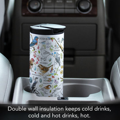 Highland Home Drawn Birds Decorative Stainless Steel Double Wall Insulated Travel Tumbler with Lid 17 oz. Manufactured in the USA Dishwasher Safe