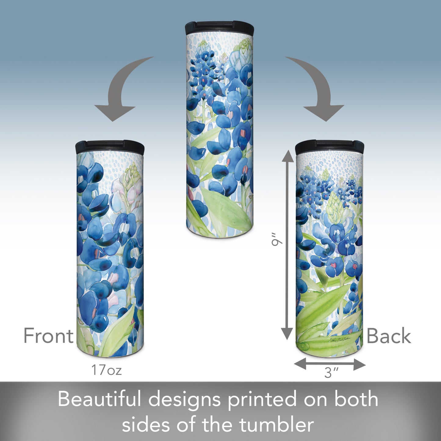 Highland Home Bluebonnet Field Decorative Stainless Steel Double Wall Insulated Travel Tumbler with Lid 17 oz. Manufactured in the USA Dishwasher Safe
