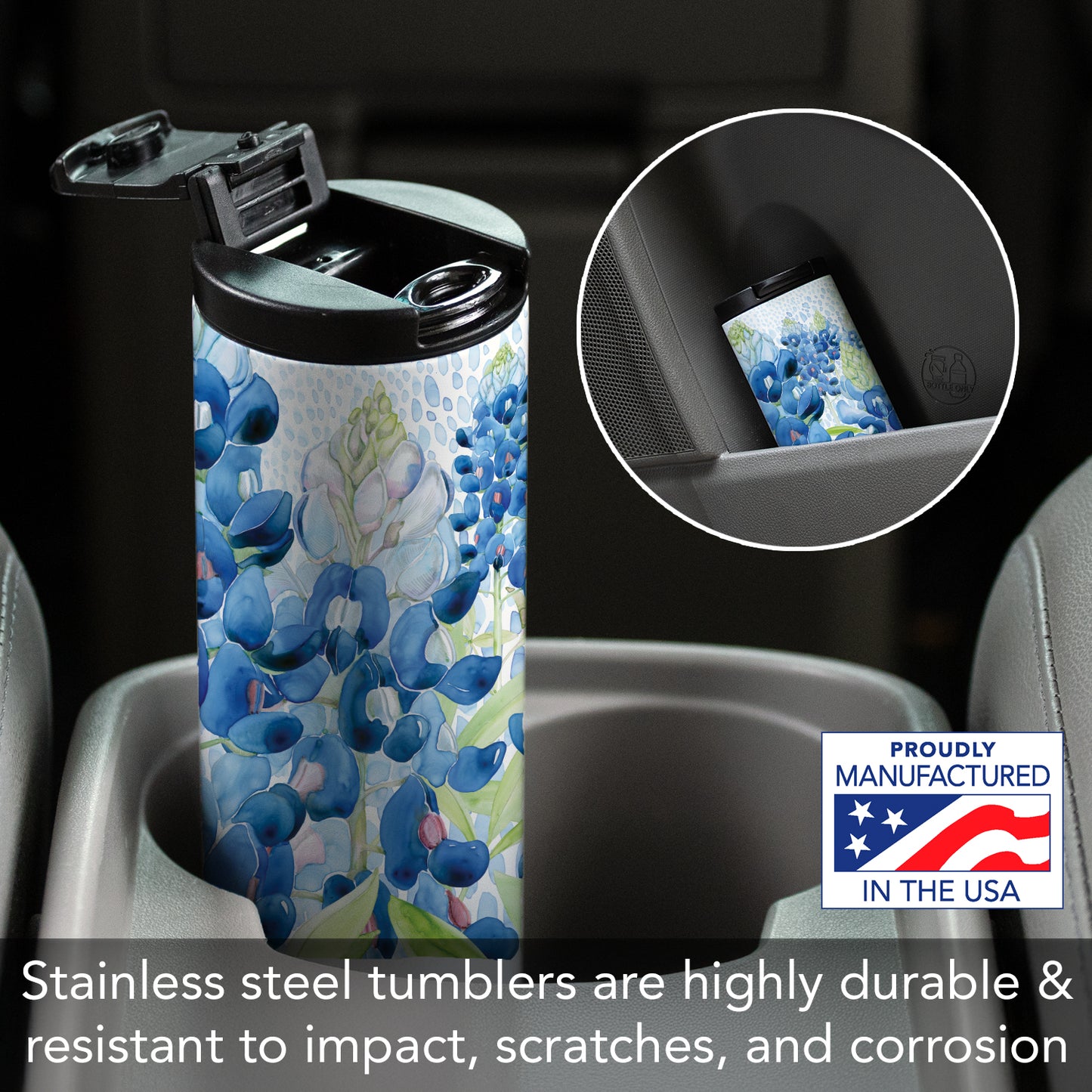 Highland Home Bluebonnet Field Decorative Stainless Steel Double Wall Insulated Travel Tumbler with Lid 17 oz. Manufactured in the USA Dishwasher Safe