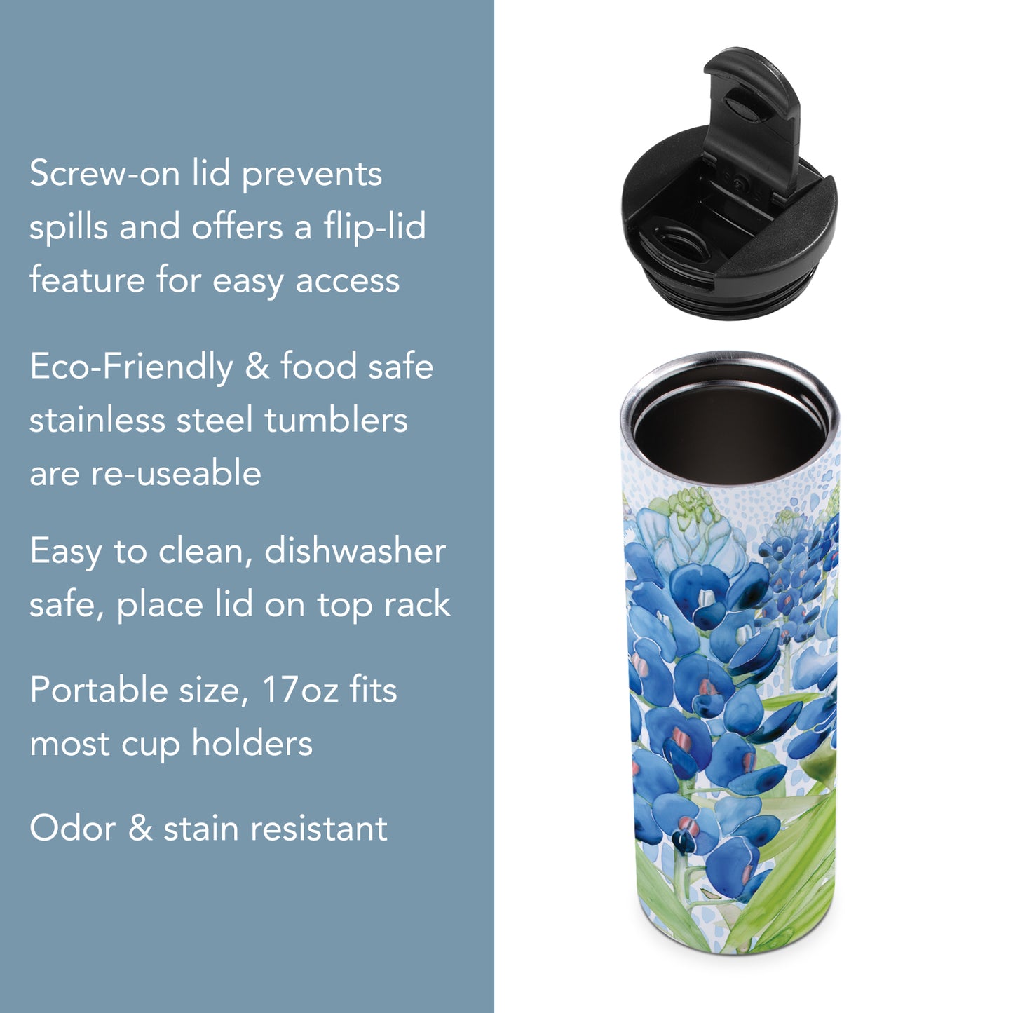 Highland Home Bluebonnet Field Decorative Stainless Steel Double Wall Insulated Travel Tumbler with Lid 17 oz. Manufactured in the USA Dishwasher Safe