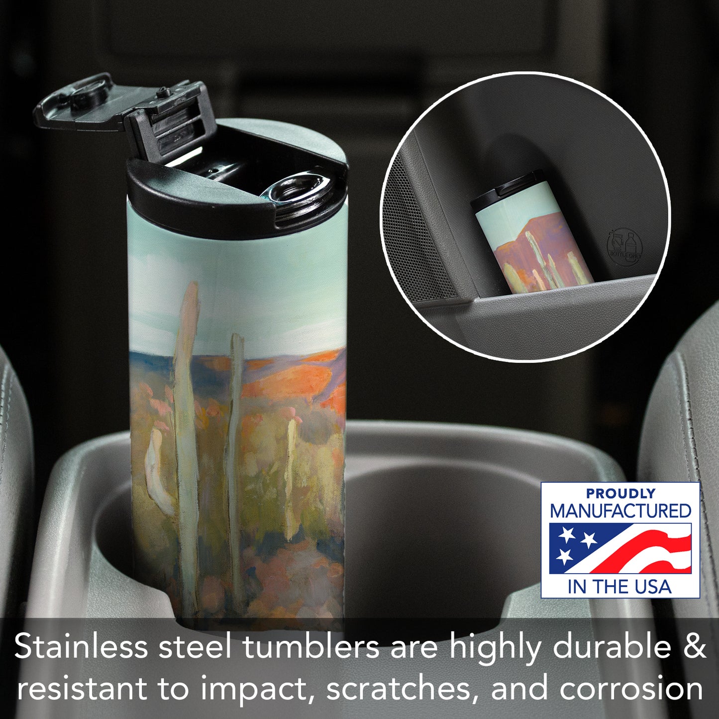 Highland Home High Desert Decorative Stainless Steel Double Wall Insulated Travel Tumbler with Lid 17 oz. Manufactured in the USA Dishwasher Safe