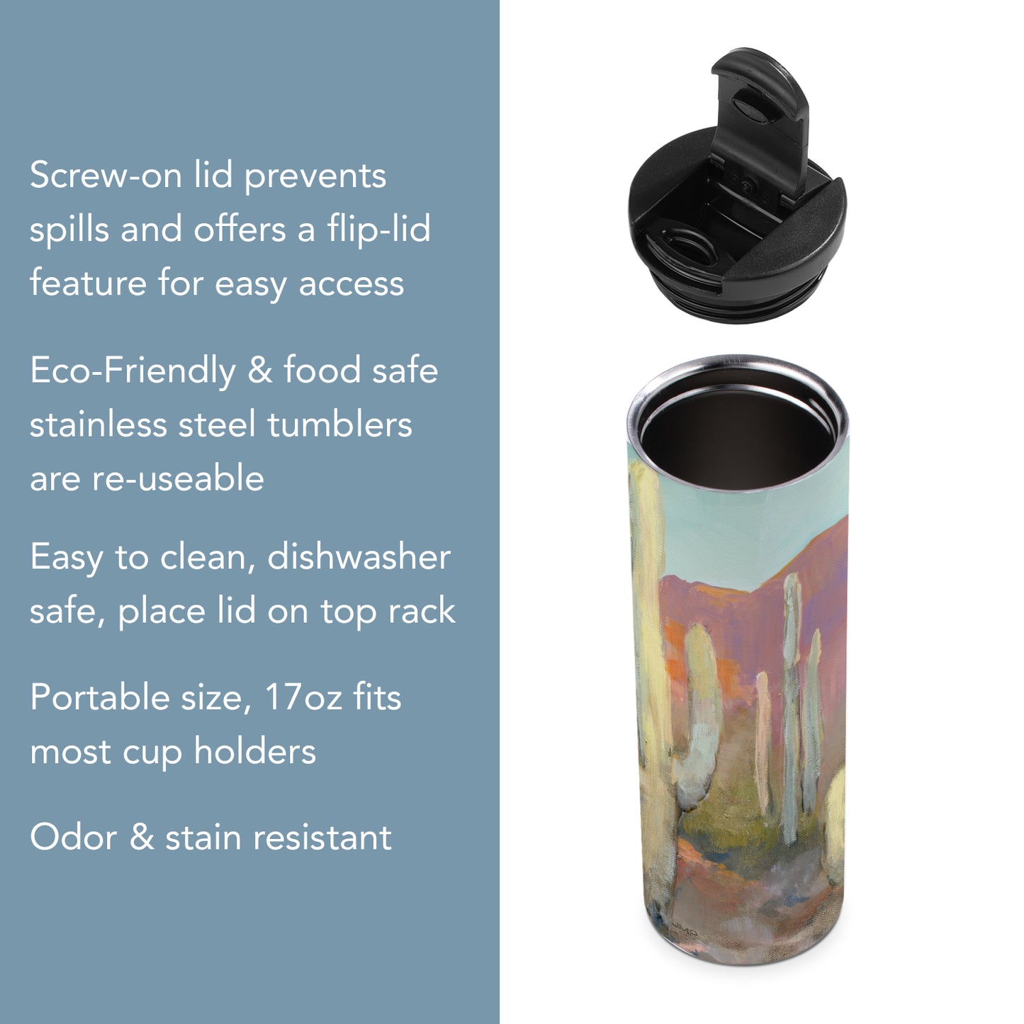 Highland Home High Desert Decorative Stainless Steel Double Wall Insulated Travel Tumbler with Lid 17 oz. Manufactured in the USA Dishwasher Safe