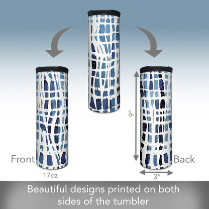 Highland Home Wavy Indigo Decorative Stainless Steel Double Wall Insulated Travel Tumbler with Lid 17 oz. Manufactured in the USA Dishwasher Safe