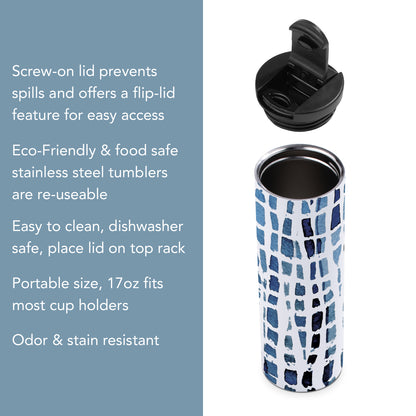 Highland Home Wavy Indigo Decorative Stainless Steel Double Wall Insulated Travel Tumbler with Lid 17 oz. Manufactured in the USA Dishwasher Safe