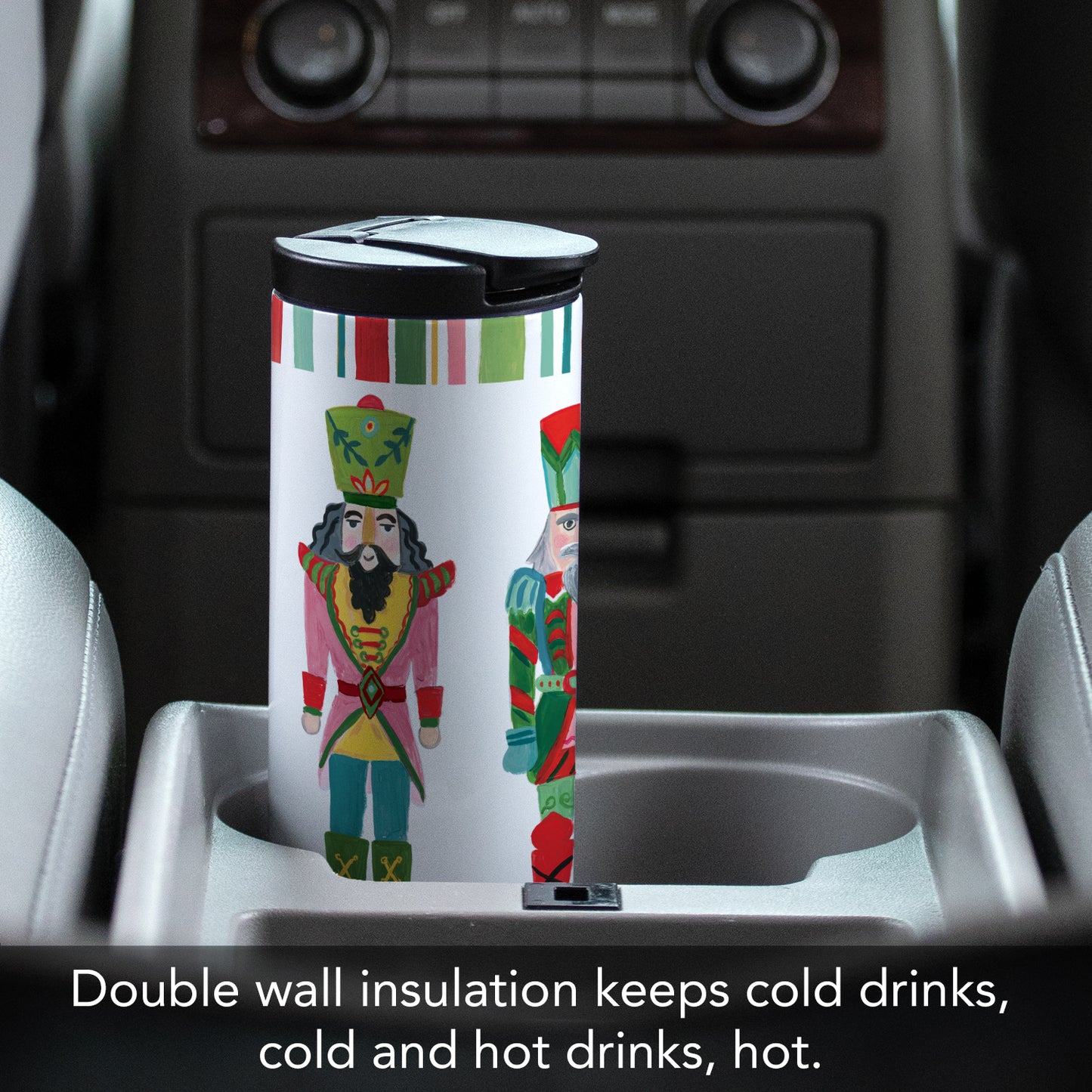 Highland Home Holiday Nutcrackers Decorative Stainless Steel Double Wall Insulated Travel Tumbler with Lid 17 oz. Manufactured in the USA Dishwasher Safe