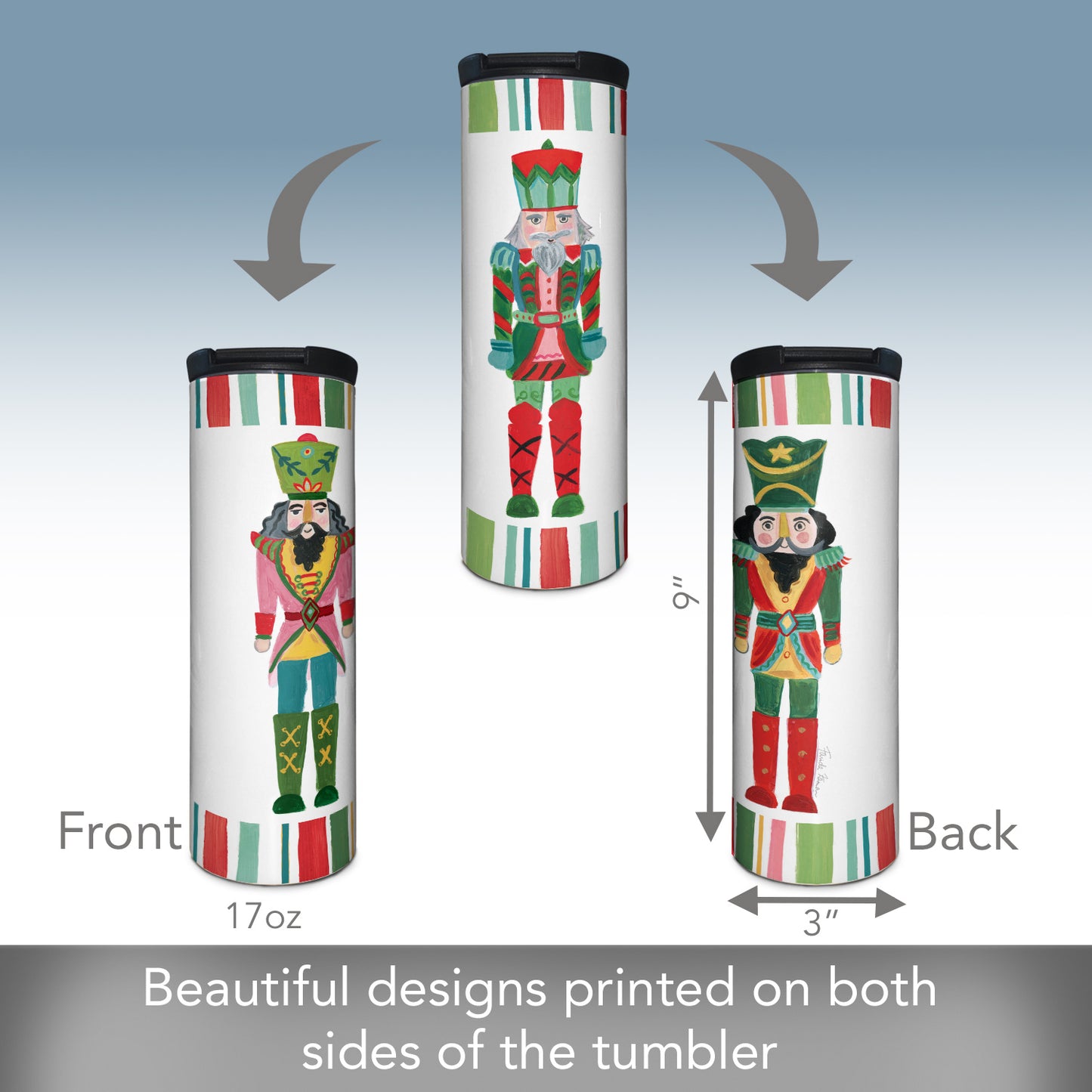 Highland Home Holiday Nutcrackers Decorative Stainless Steel Double Wall Insulated Travel Tumbler with Lid 17 oz. Manufactured in the USA Dishwasher Safe
