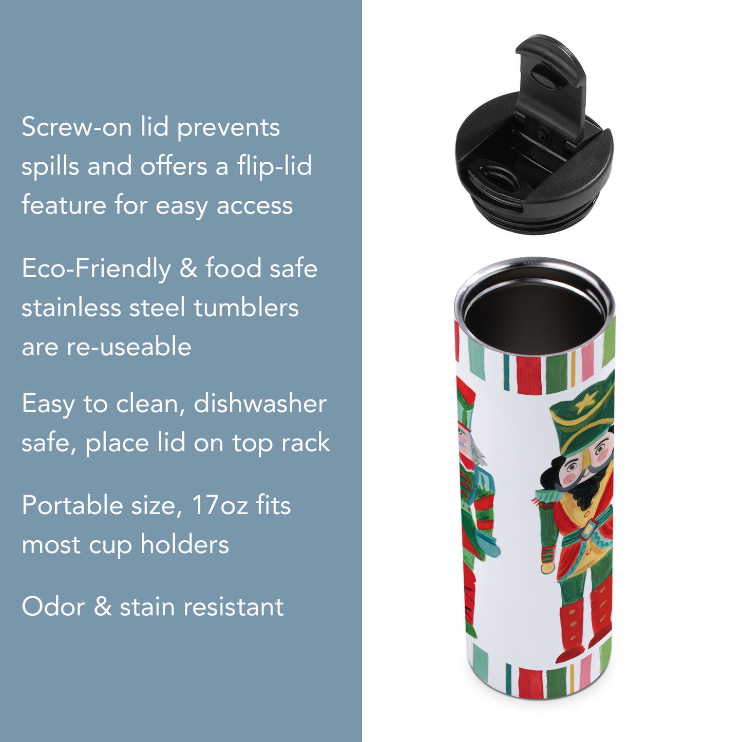 Highland Home Holiday Nutcrackers Decorative Stainless Steel Double Wall Insulated Travel Tumbler with Lid 17 oz. Manufactured in the USA Dishwasher Safe