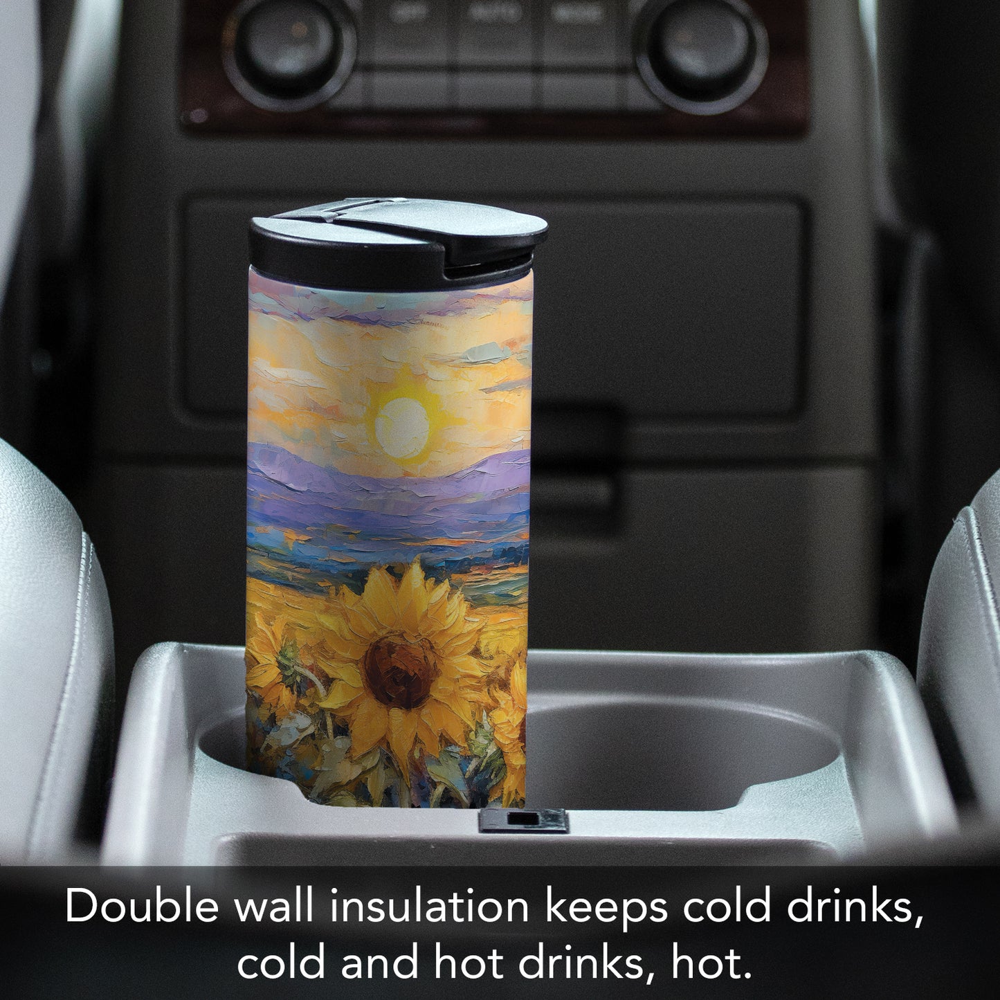 Highland Home Field of Sunflowers Decorative Stainless Steel Double Wall Insulated Travel Tumbler with Lid 17 oz. Manufactured in the USA Dishwasher Safe