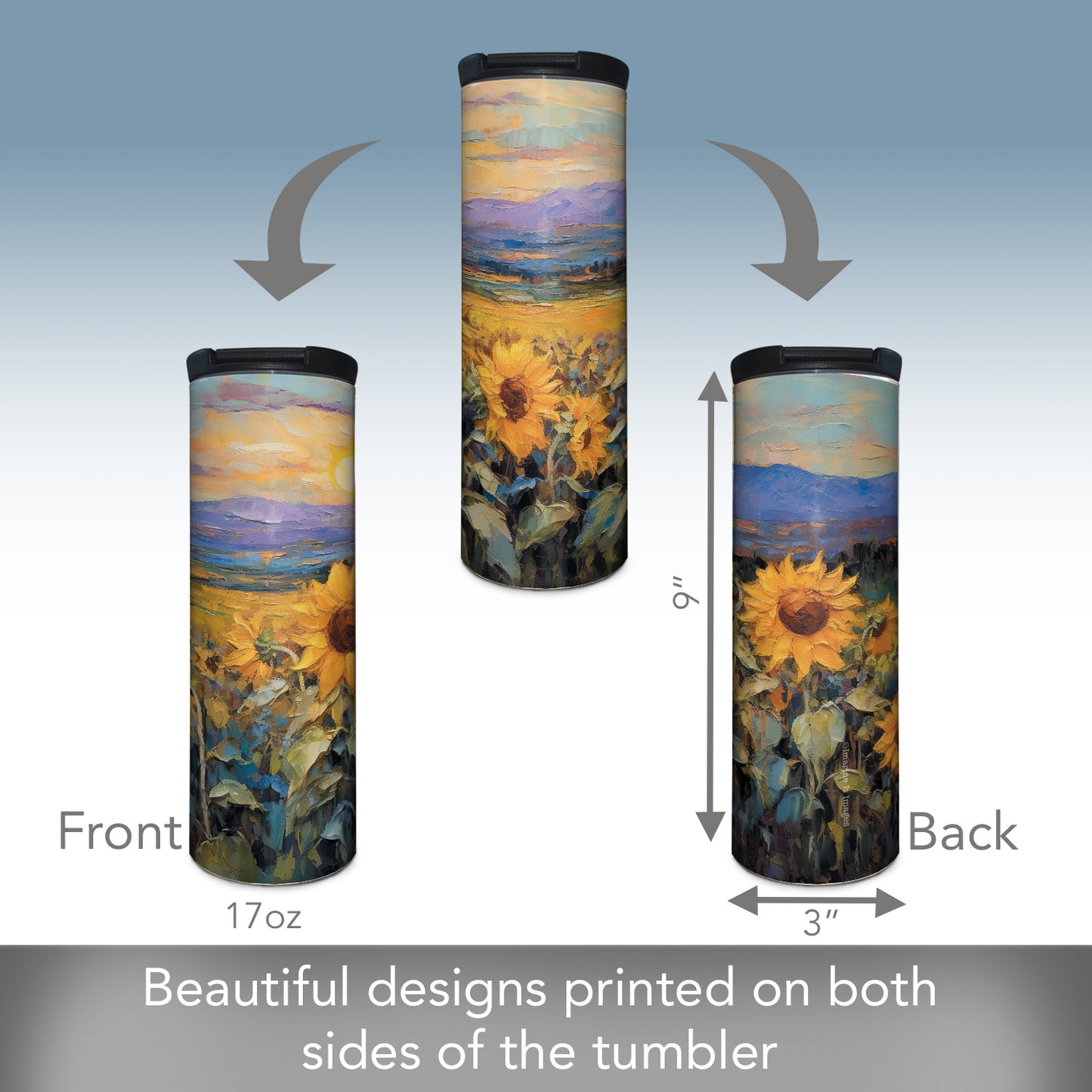 Highland Home Field of Sunflowers Decorative Stainless Steel Double Wall Insulated Travel Tumbler with Lid 17 oz. Manufactured in the USA Dishwasher Safe