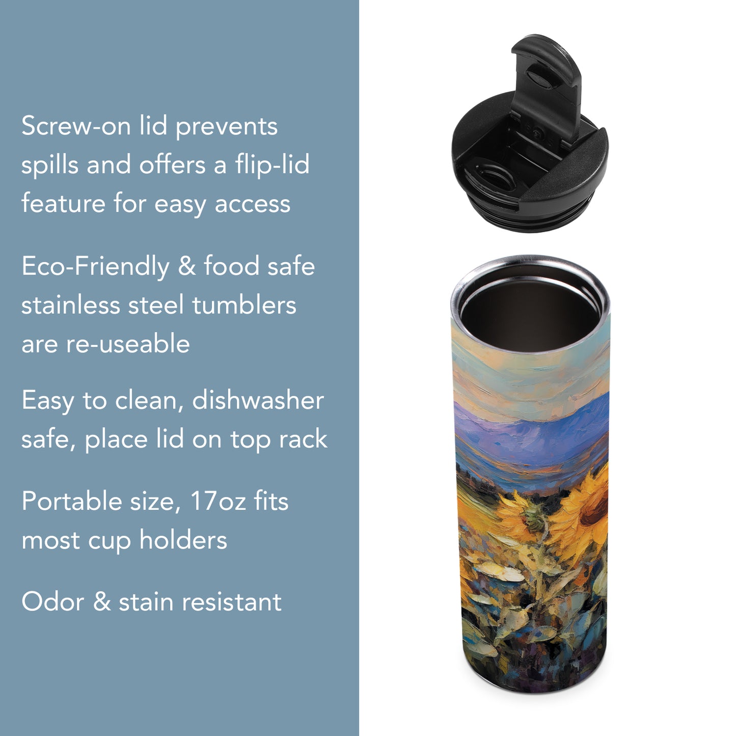 Highland Home Field of Sunflowers Decorative Stainless Steel Double Wall Insulated Travel Tumbler with Lid 17 oz. Manufactured in the USA Dishwasher Safe