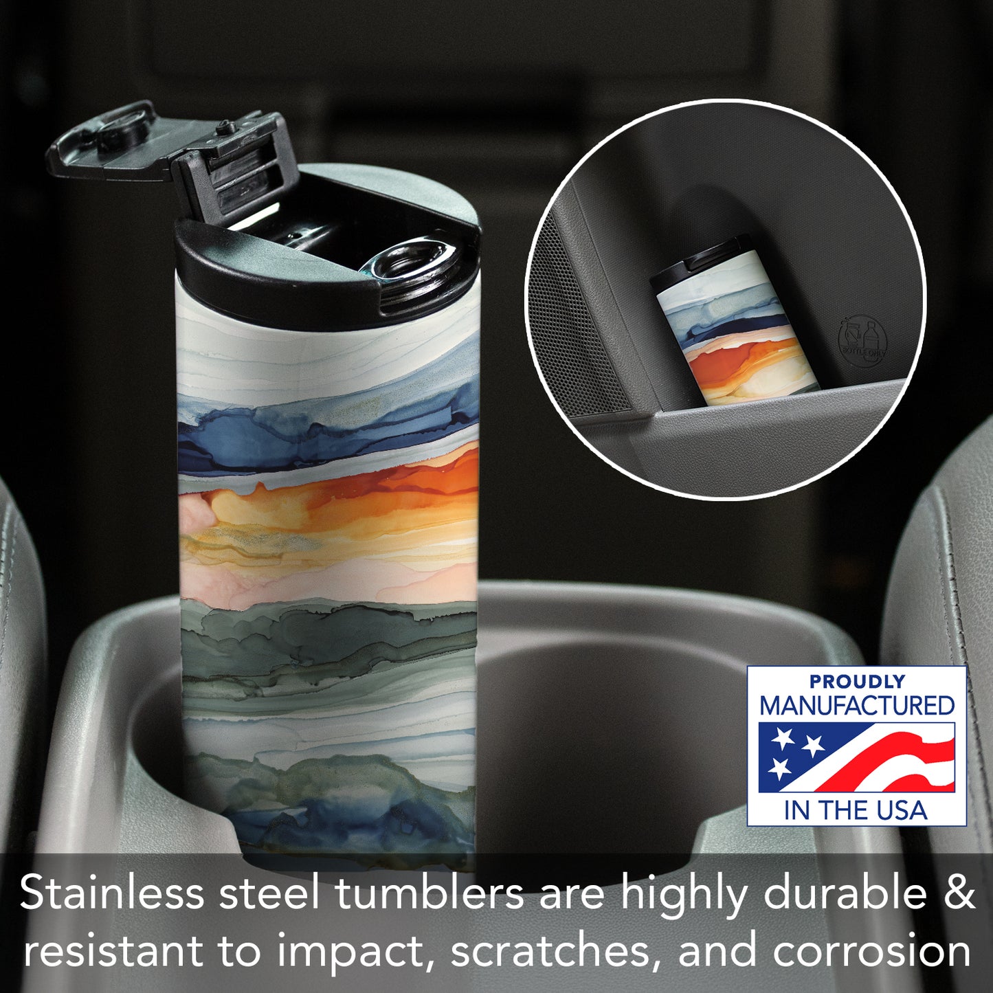 Highland Home Watercolor Sunrise Decorative Stainless Steel Double Wall Insulated Travel Tumbler with Lid 17 oz. Manufactured in the USA Dishwasher Safe