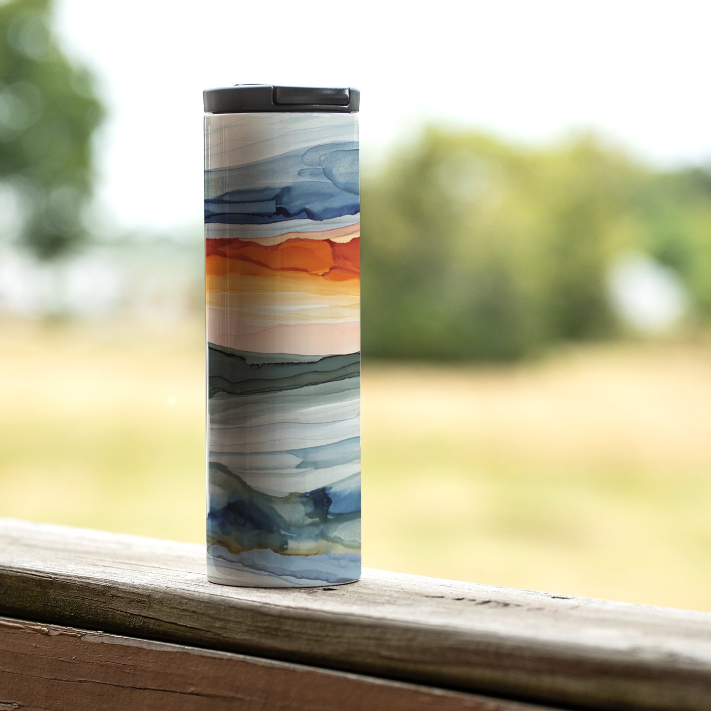 Highland Home Watercolor Sunrise Decorative Stainless Steel Double Wall Insulated Travel Tumbler with Lid 17 oz. Manufactured in the USA Dishwasher Safe