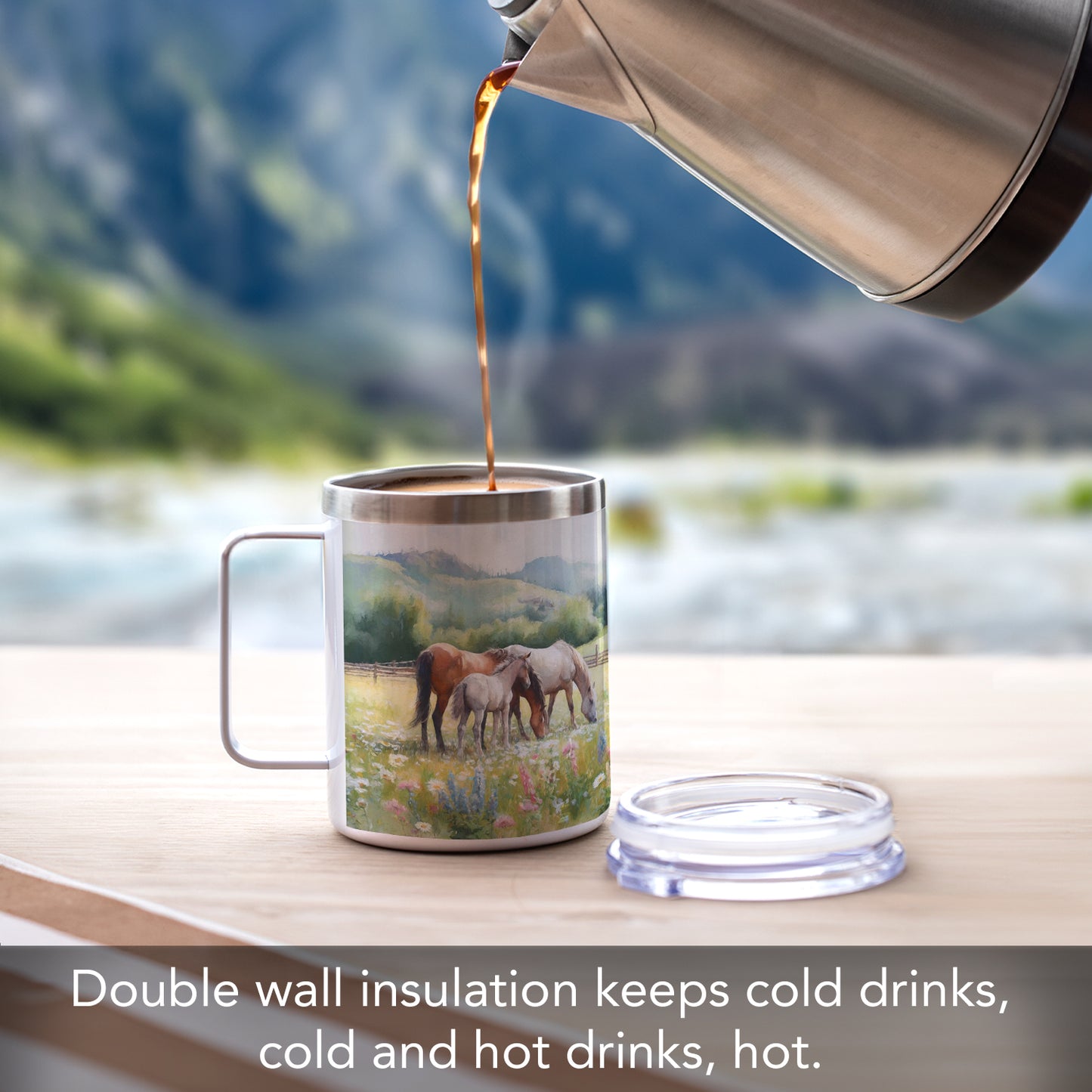 Highland Home Alpine Pastures Decorative Stainless Steel Insulated Travel Mug with Lid and Handle 12 oz. Manufactured in the USA Dishwasher Safe
