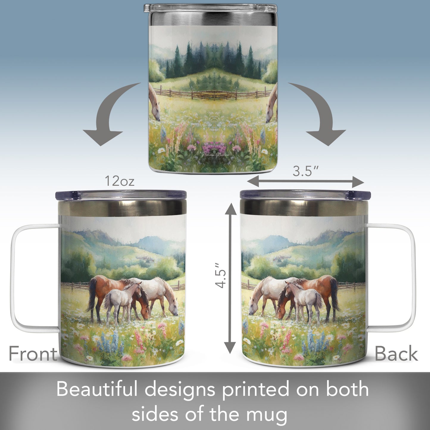 Highland Home Alpine Pastures Decorative Stainless Steel Insulated Travel Mug with Lid and Handle 12 oz. Manufactured in the USA Dishwasher Safe