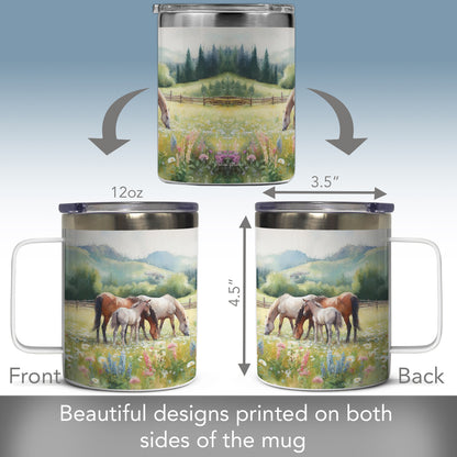 Highland Home Alpine Pastures Decorative Stainless Steel Insulated Travel Mug with Lid and Handle 12 oz. Manufactured in the USA Dishwasher Safe
