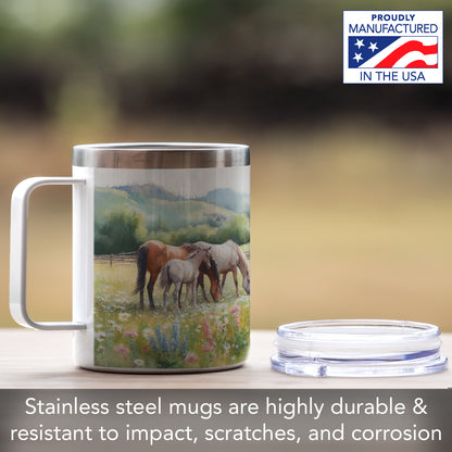 Highland Home Alpine Pastures Decorative Stainless Steel Insulated Travel Mug with Lid and Handle 12 oz. Manufactured in the USA Dishwasher Safe