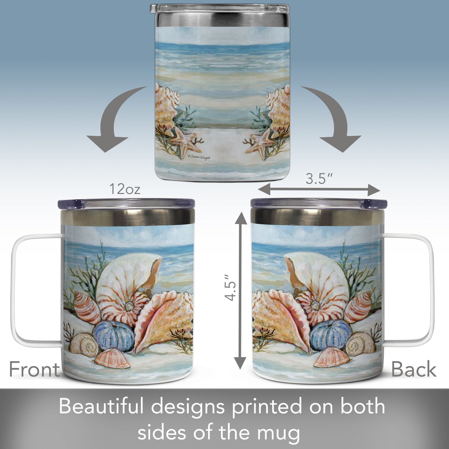 Coastal Shore Stainless Steel Travel Mug with Lid 12 oz. Manufactured in the USA