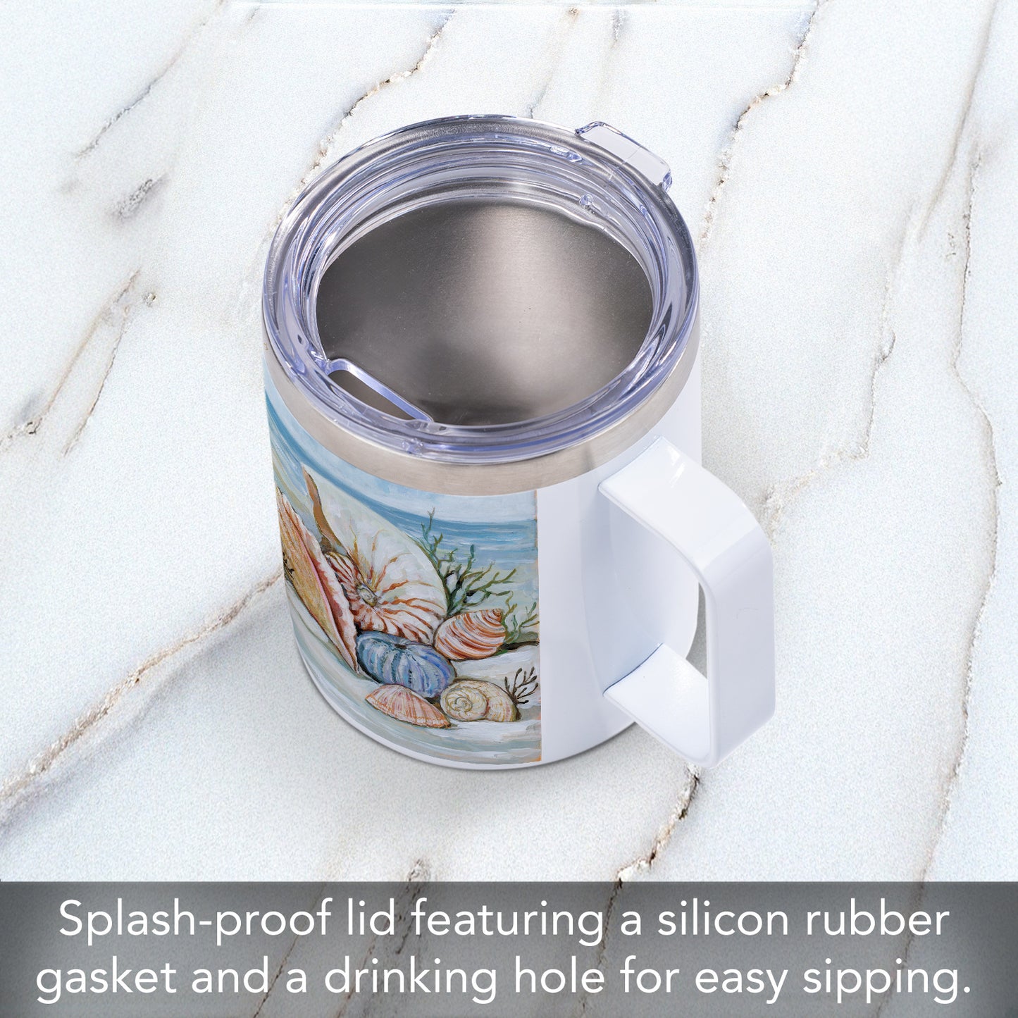 Coastal Shore Stainless Steel Travel Mug with Lid 12 oz. Manufactured in the USA