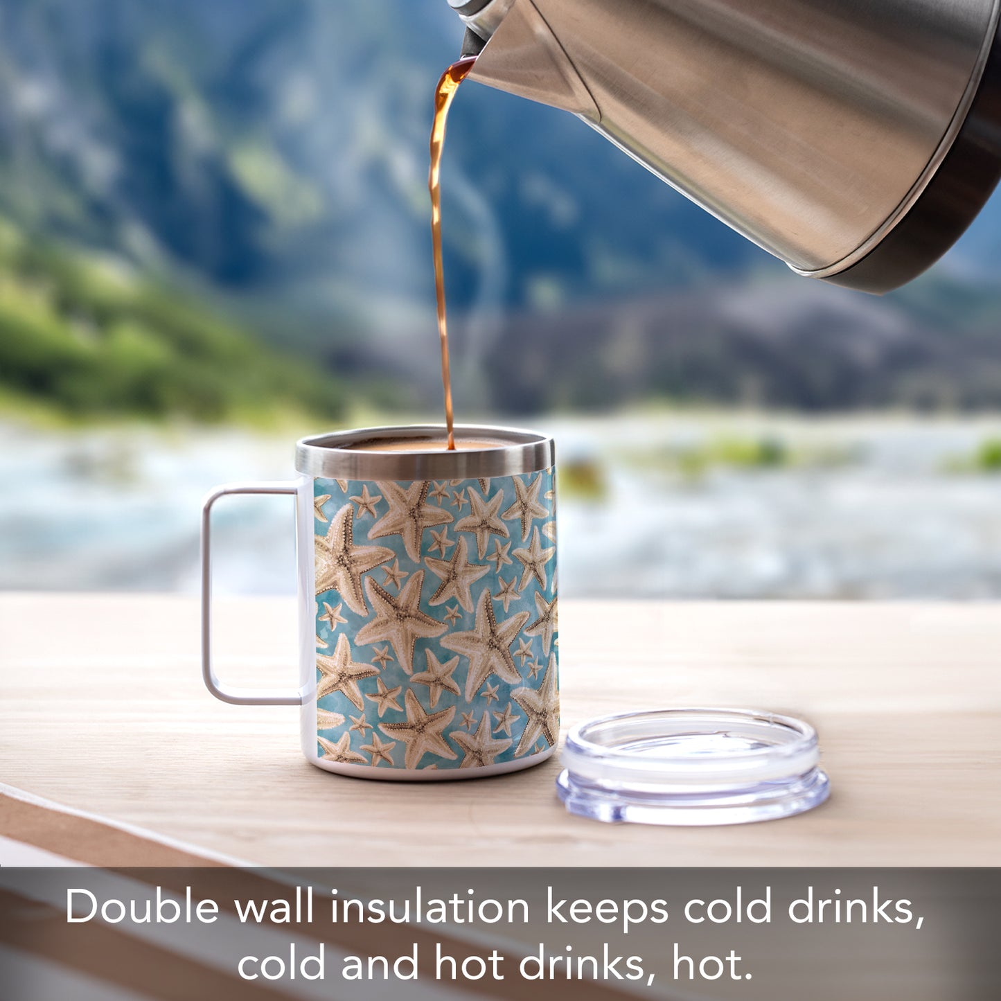Highland Home Starfish Galore Stainless Steel Travel Mug with Lid 12 oz. Manufactured in the USA