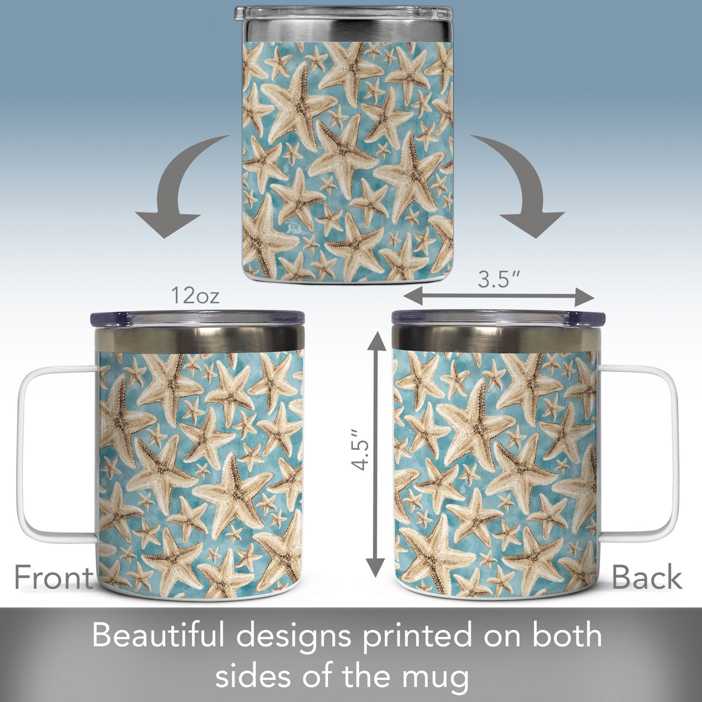 Highland Home Starfish Galore Stainless Steel Travel Mug with Lid 12 oz. Manufactured in the USA