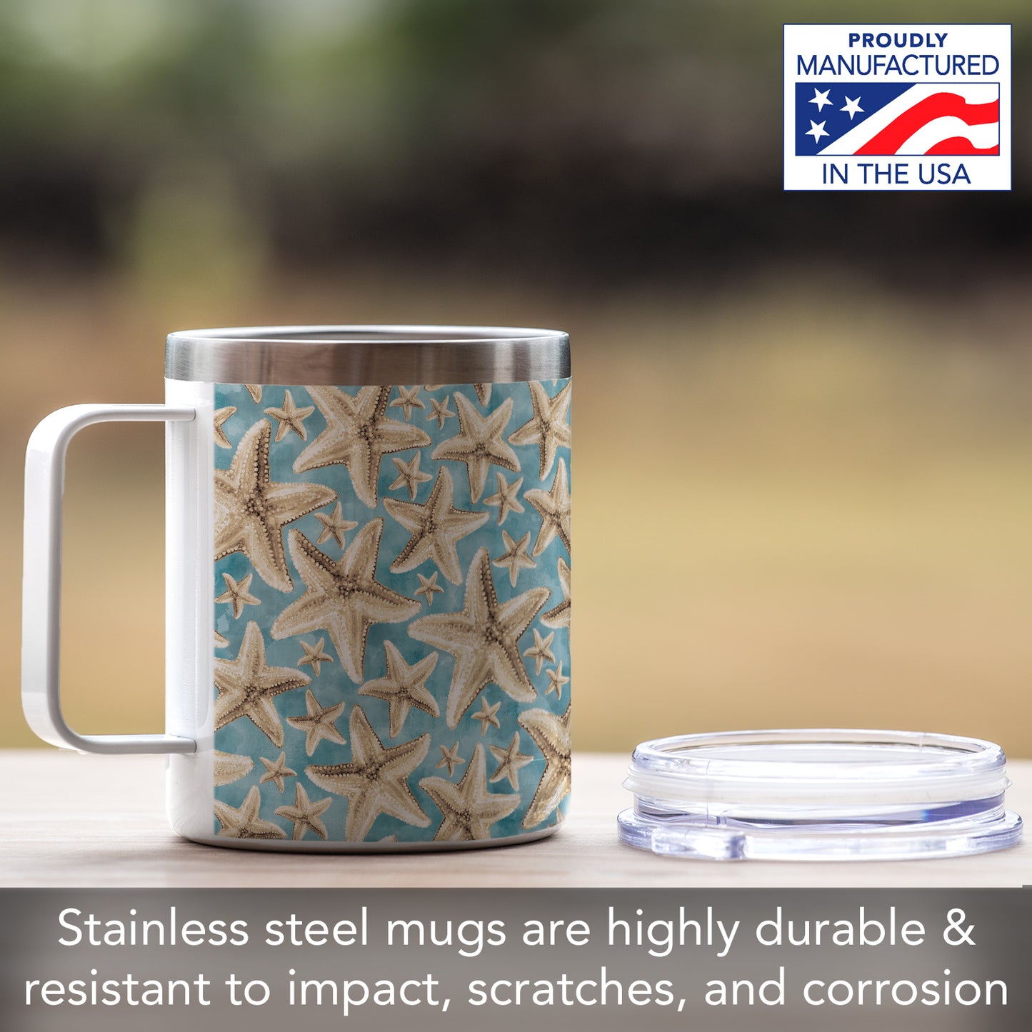 Highland Home Starfish Galore Stainless Steel Travel Mug with Lid 12 oz. Manufactured in the USA