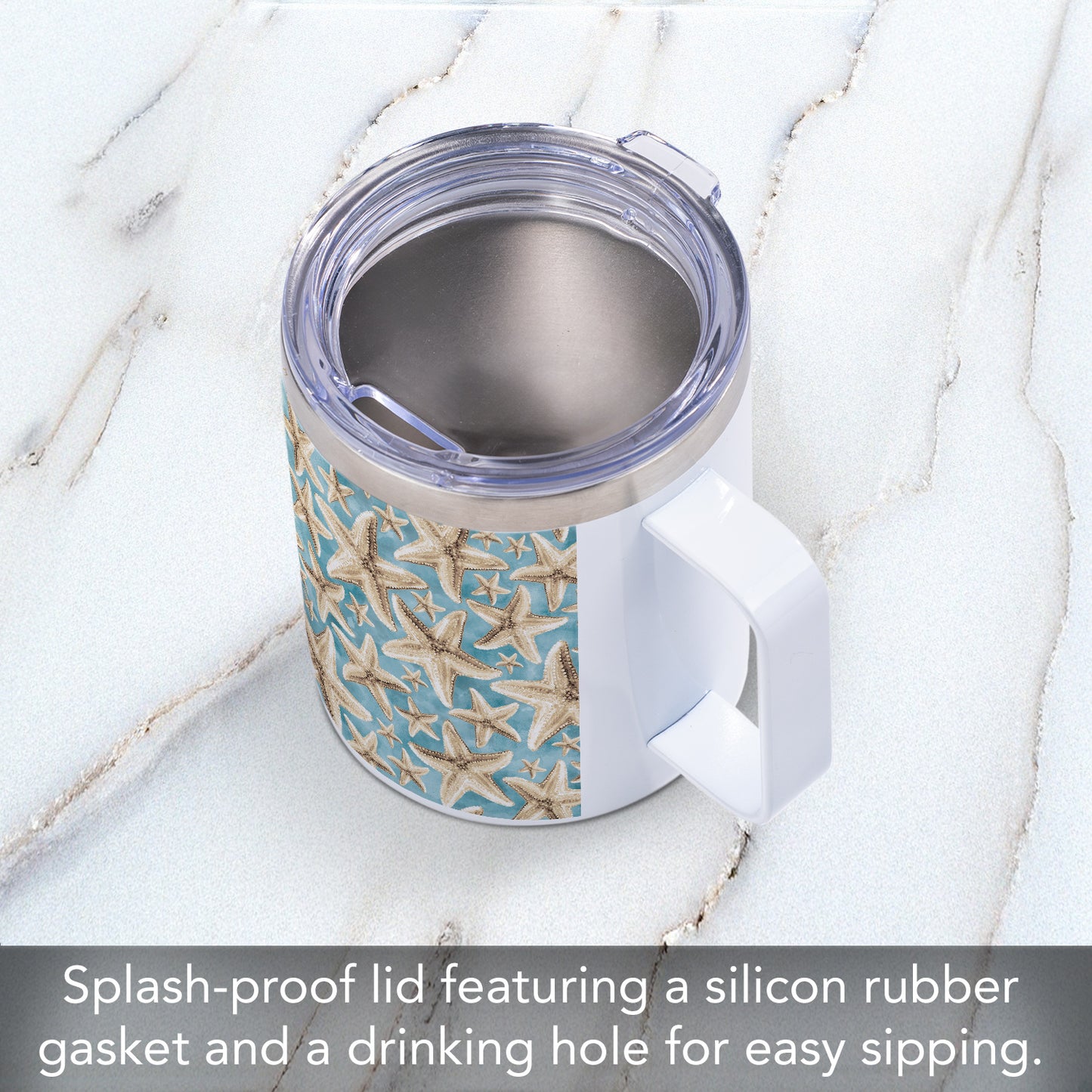 Starfish Galore Stainless Steel Travel Mug with Lid 12 oz. Manufactured in the USA