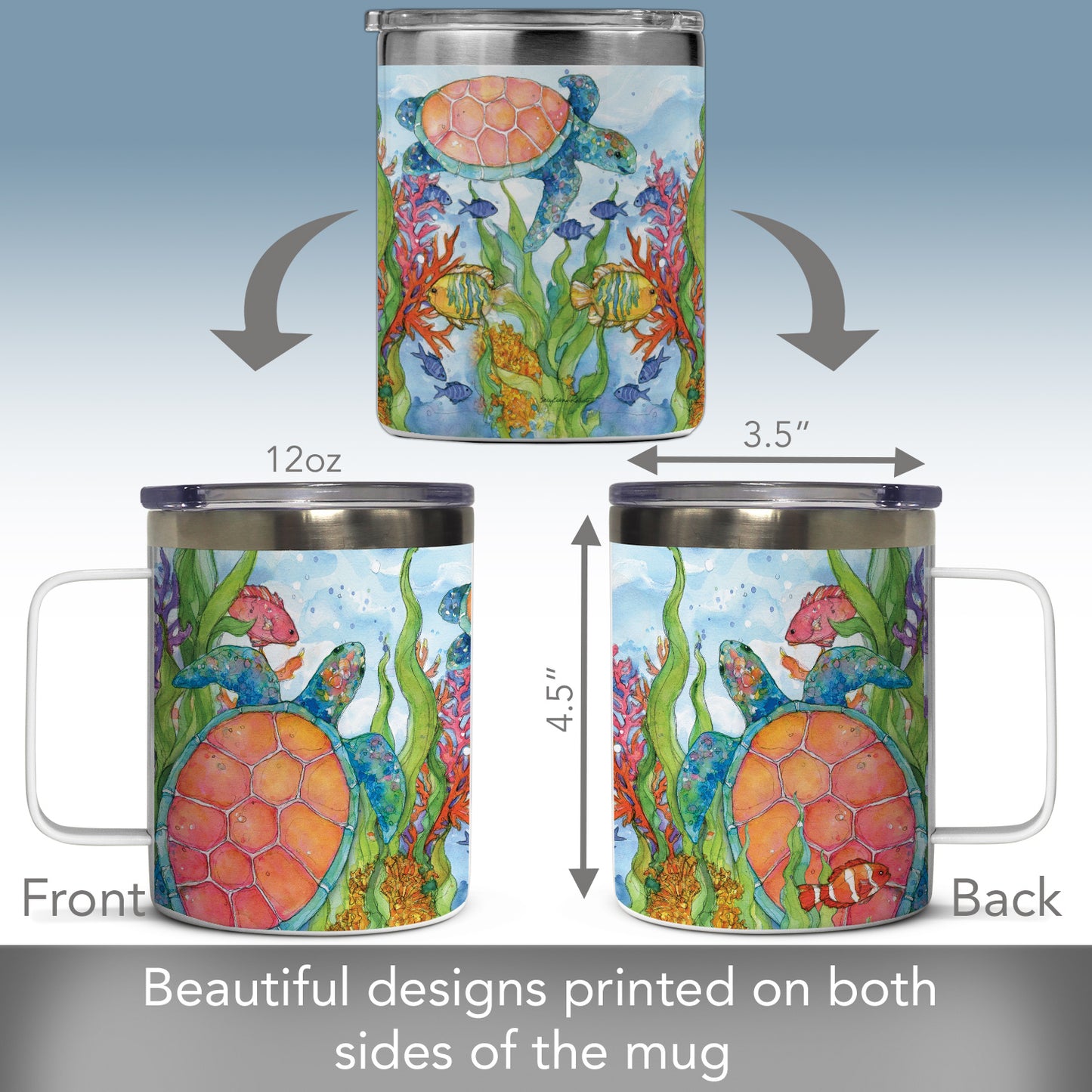 Colorful Sea Turtles Decorative Stainless Steel Travel Mug with Lid 12 oz.