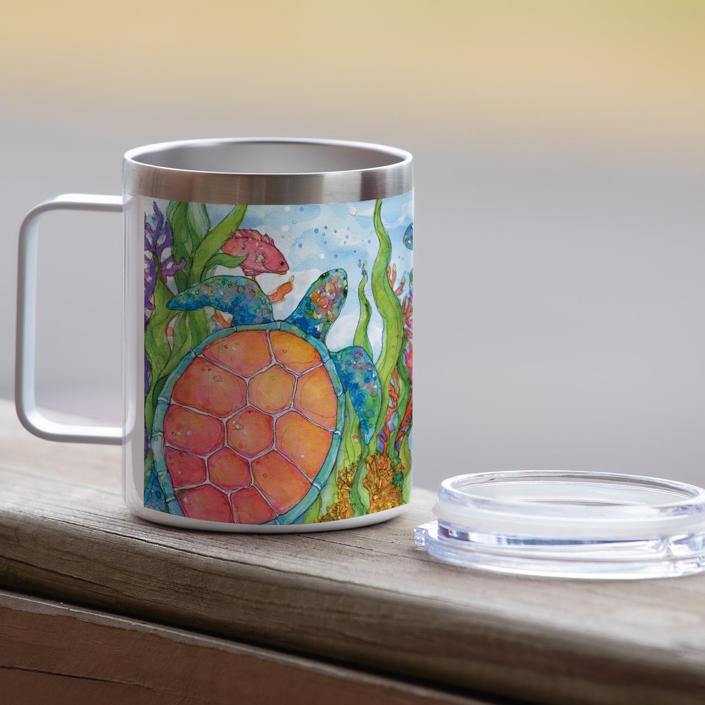 Highland Home Colorful Sea Turtles Stainless Steel Mug with Lid 12 oz. Manufactured in the USA